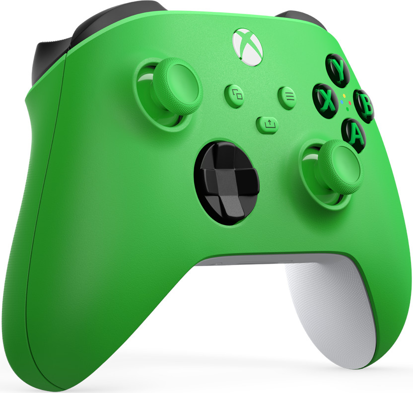 Green Xbox controller with black buttons and white accents.