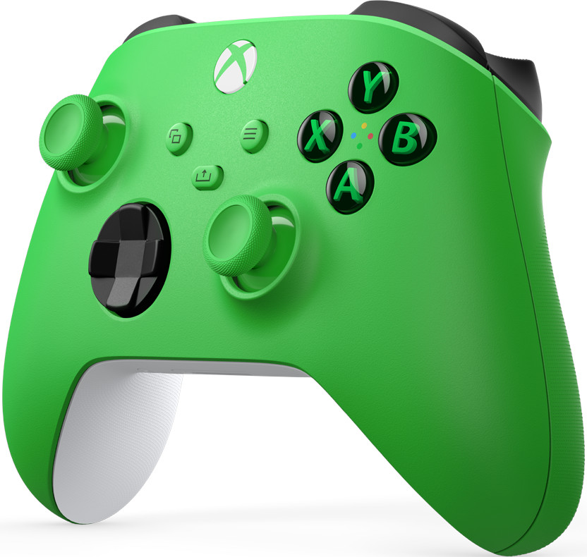 Green Xbox controller with black buttons and white accents. White background.