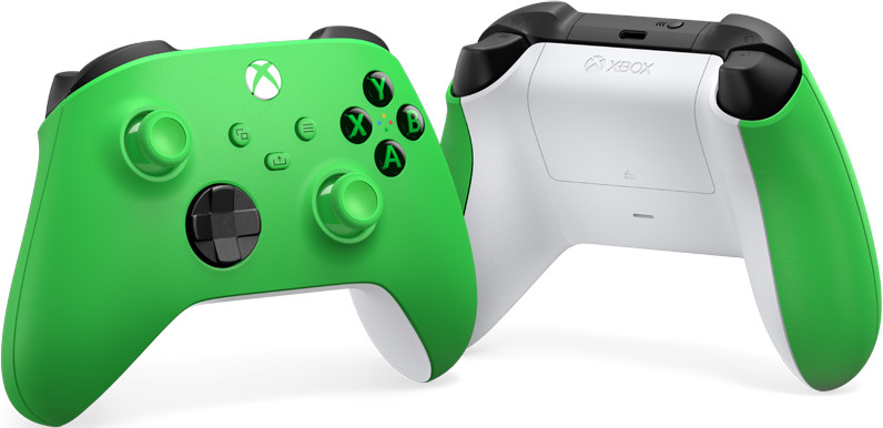 Green Xbox controller, front and back views. Buttons visible, including X, Y, A, B, and control buttons.