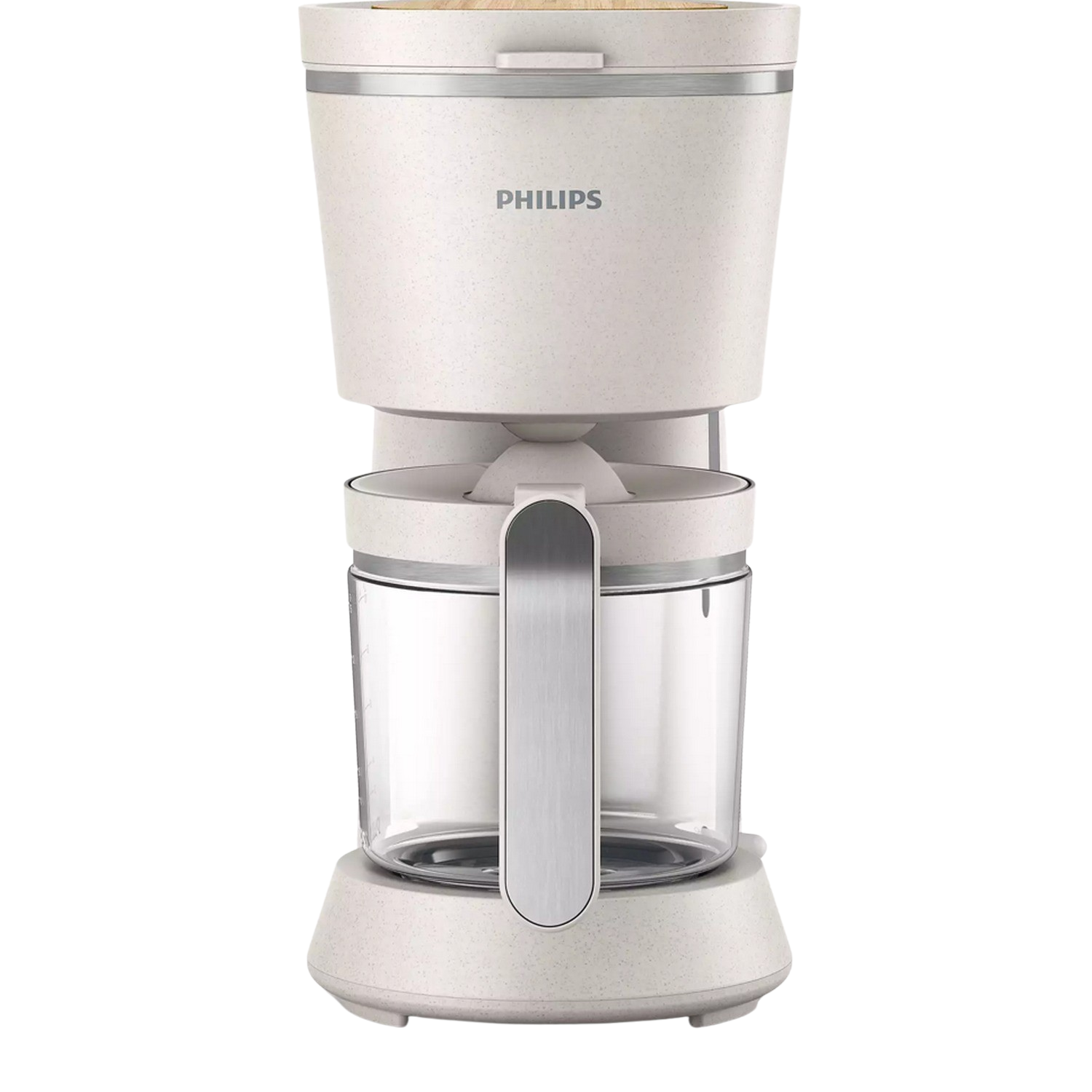 Coffee maker with a handle and a glass jar. Philips logo on the front. Black background.