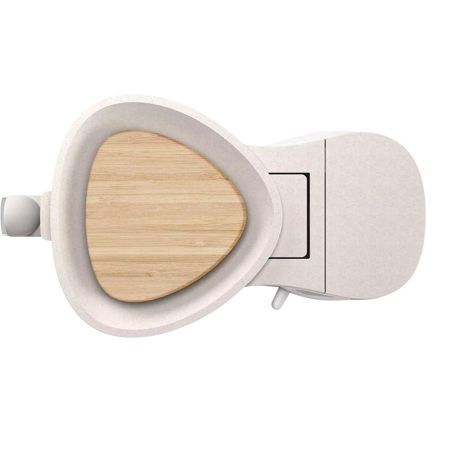A white toilet seat with a wooden plate inside.
