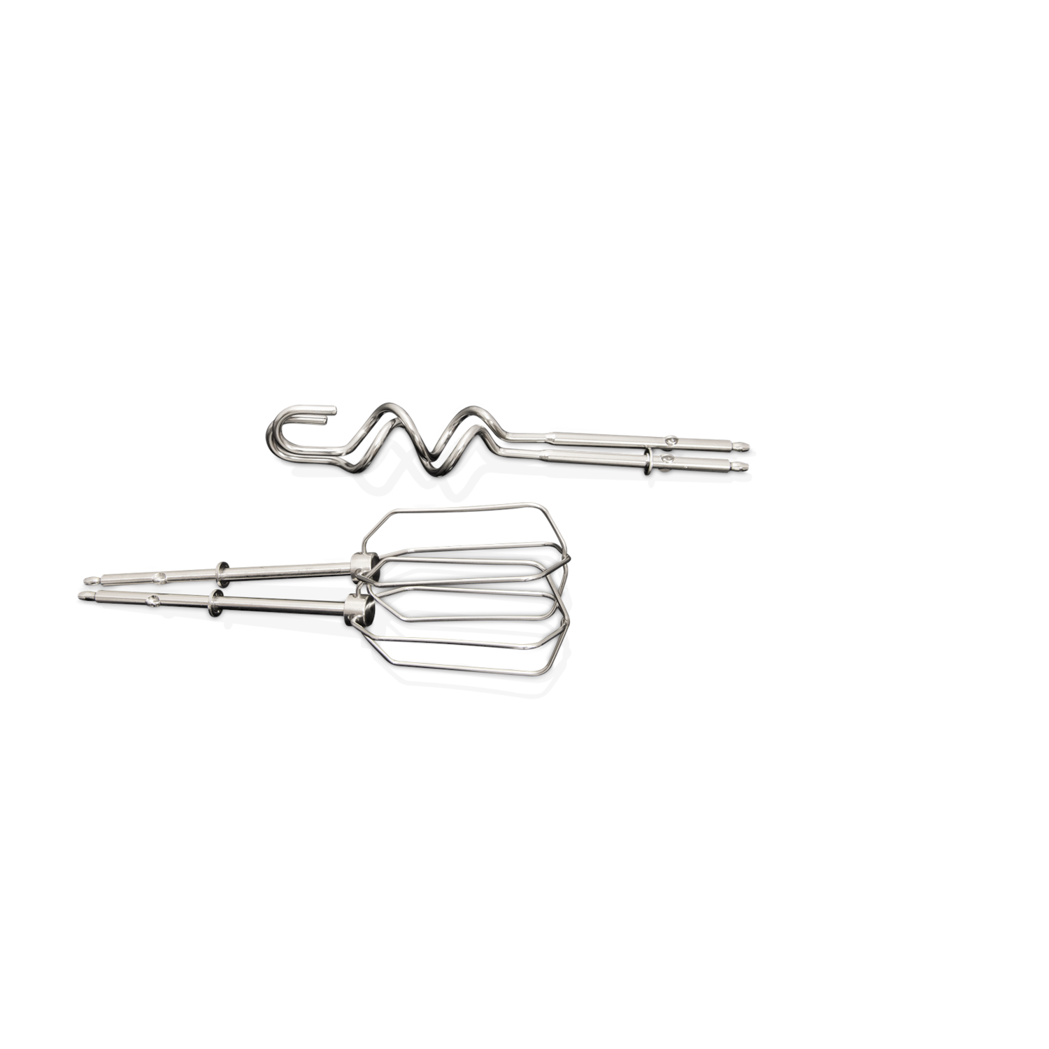 Two metal beaters on white background. One curved, one with wires.