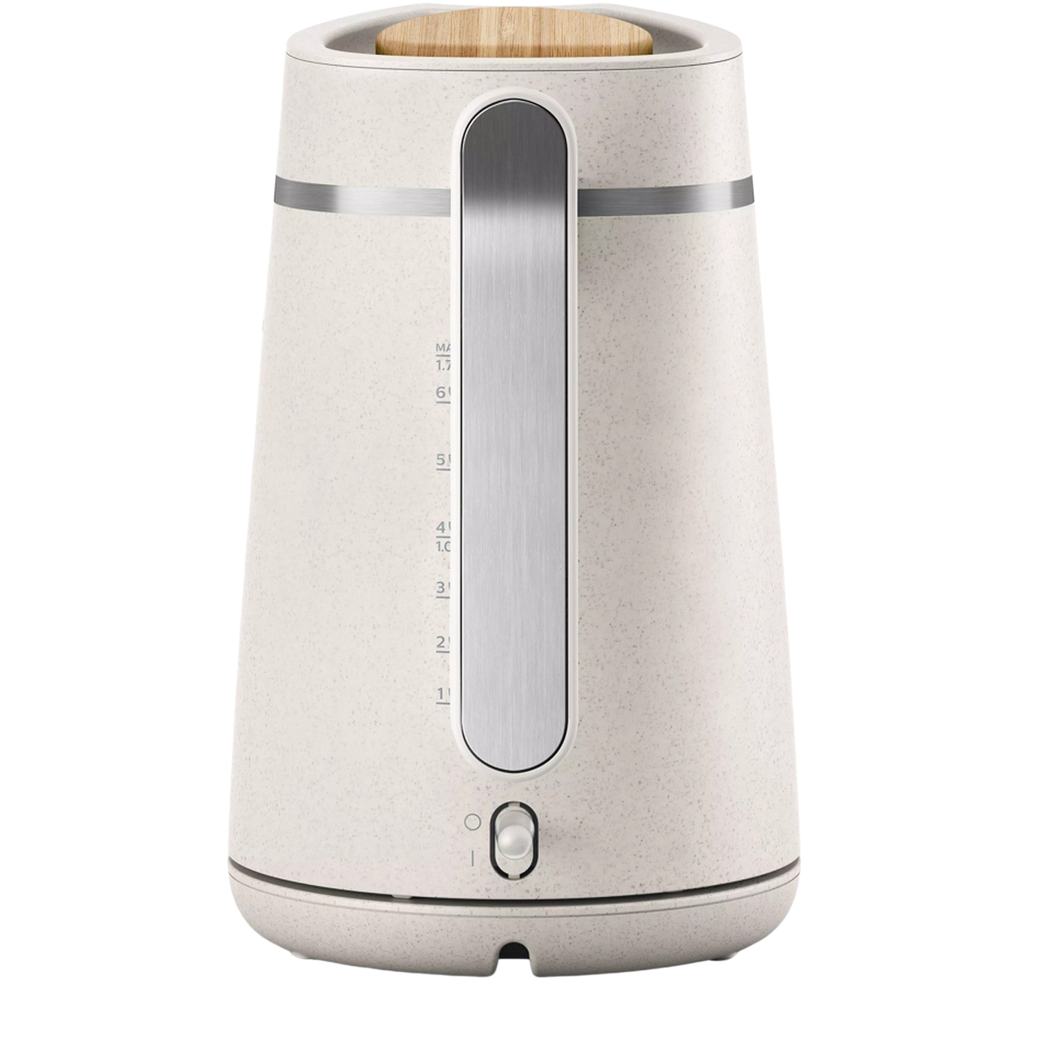 A cream-colored electric kettle with a wooden lid and a silver handle.