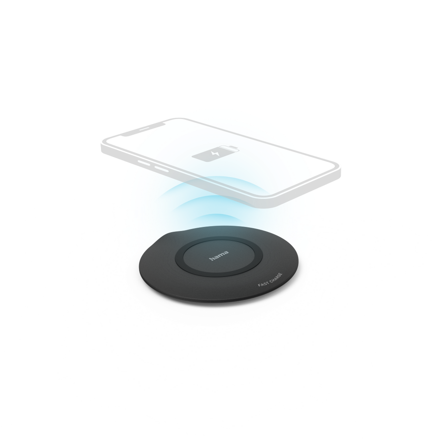 Chargeur sans fil Hama noir avec un téléphone blanc en charge, effet de lueur bleue.