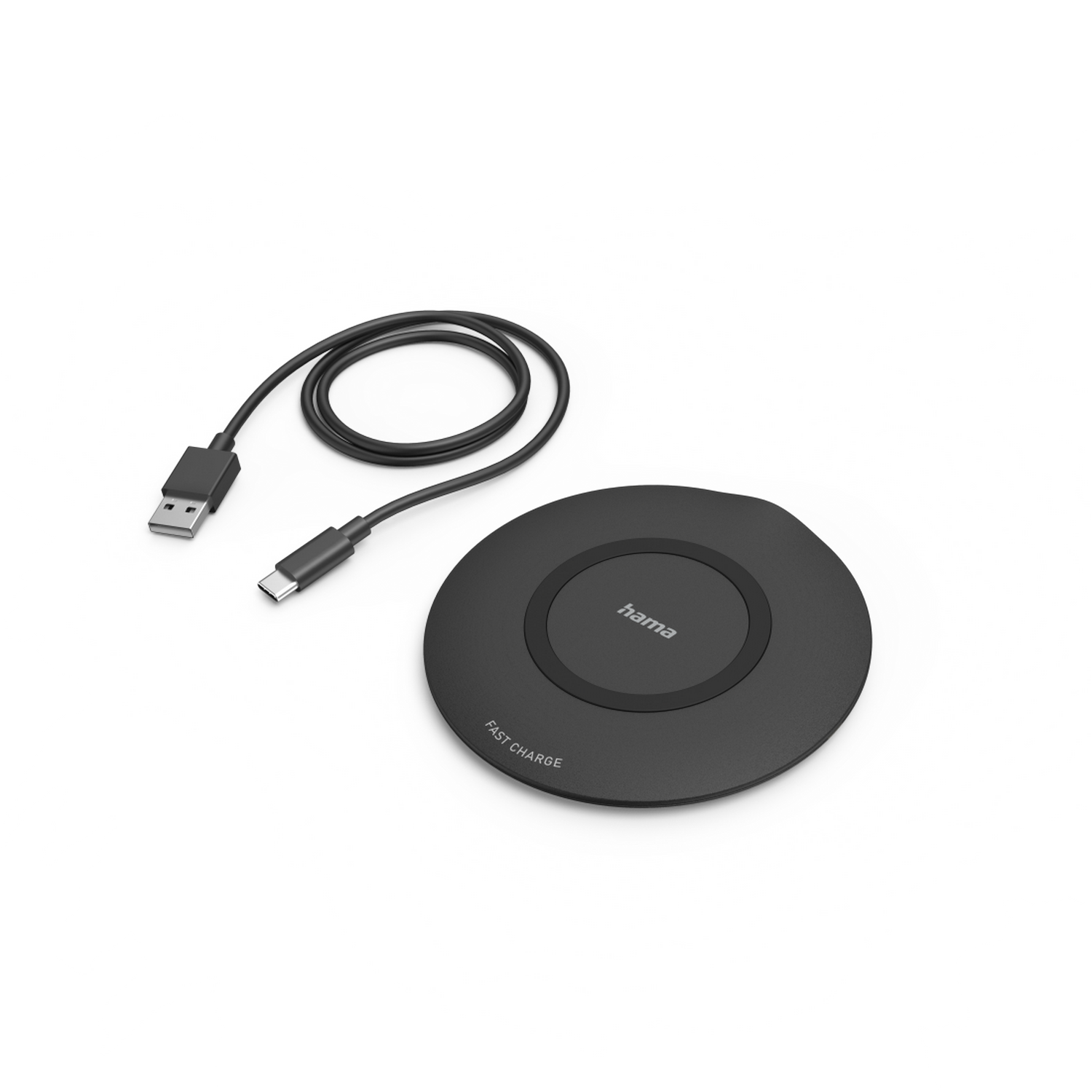 Chargeur sans fil noir avec câble USB-C, fond blanc.