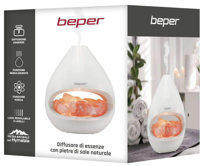 Egy fehér Beper diffúzor himalájai sóval és szöveggel.