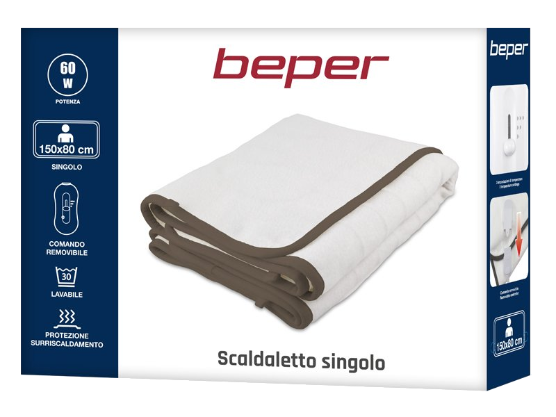 Dobozos elektromos takaró; fehér takaró barna szegéllyel, Beper márka, a dobozon látható részletekkel.