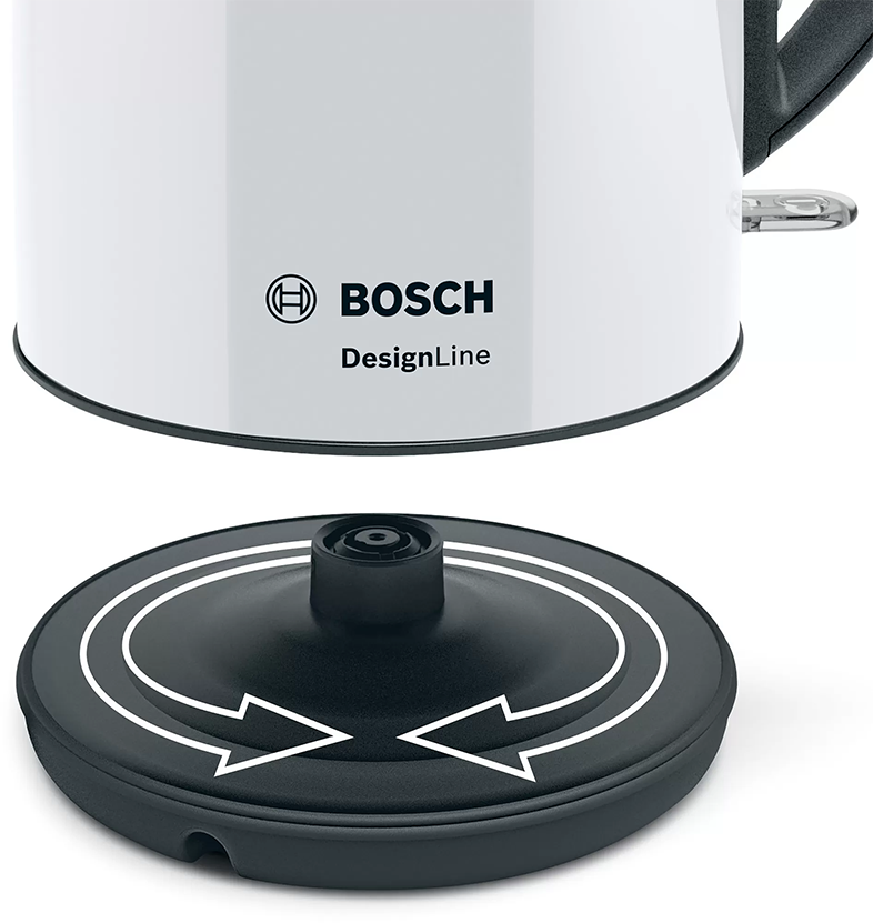 Egy fehér-fekete Bosch vízforraló és a fekete talapzata.
