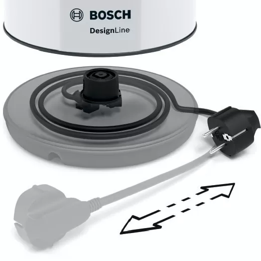 Bosch vízforraló, alap és dugó. Fekete dugó, fehér vízforraló, szürke alap.