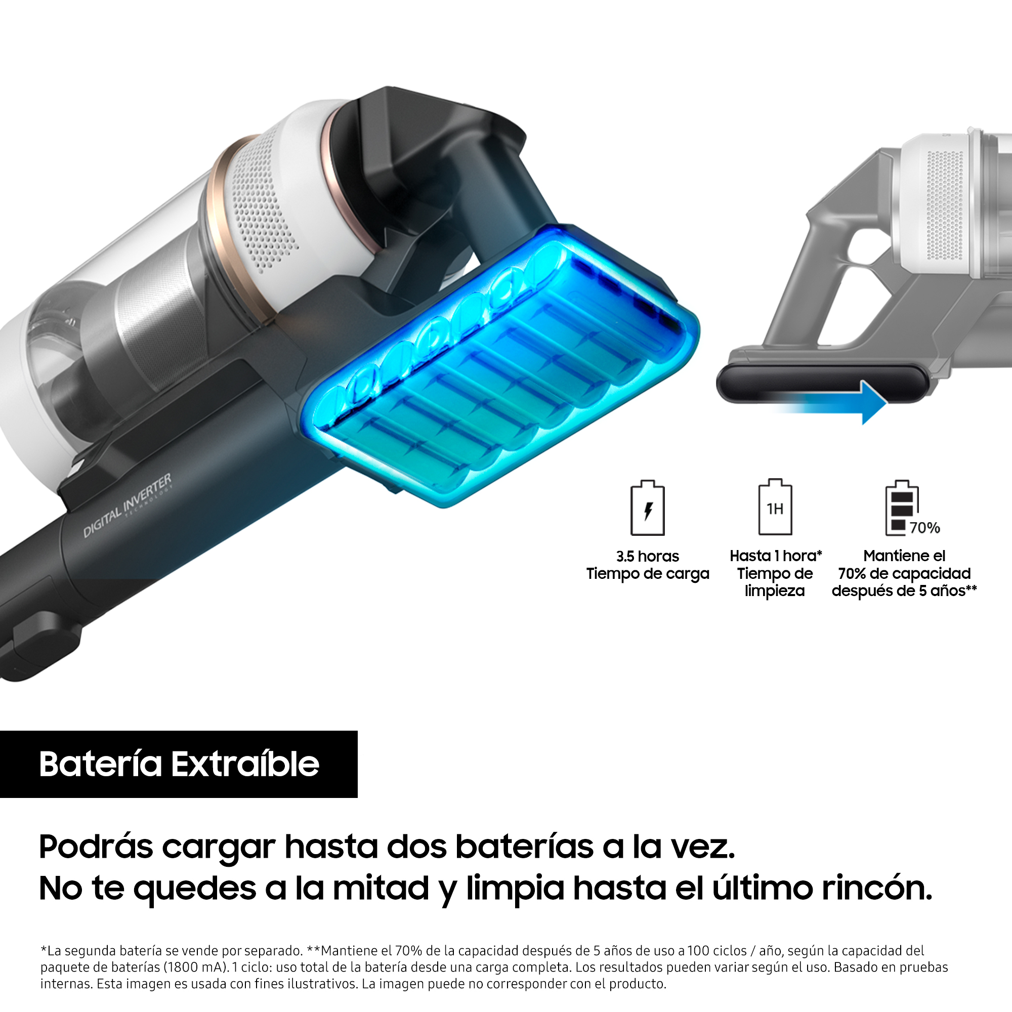 Primer plano del cabezal de una aspiradora con luz azul. Muestra información de carga.