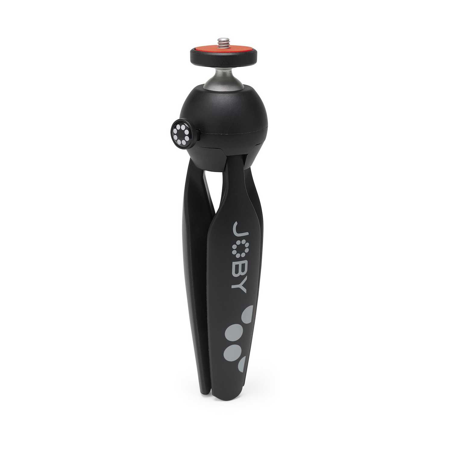 Zwart mini-statief voor een camera, met het Joby-logo zichtbaar op de poten.