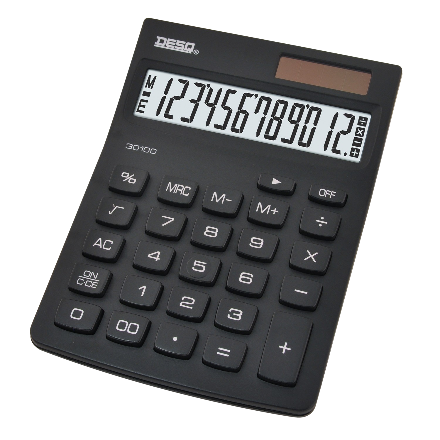 A black calculator with white numbers and buttons. It has a solar panel on top.