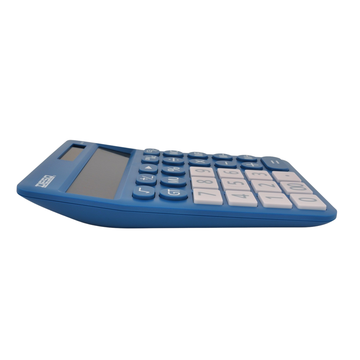 A blue calculator, side view, with white keys and a display.