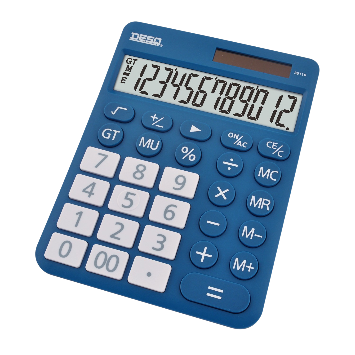 Blue calculator with white buttons. The display shows the numbers 123456789012. Black background.