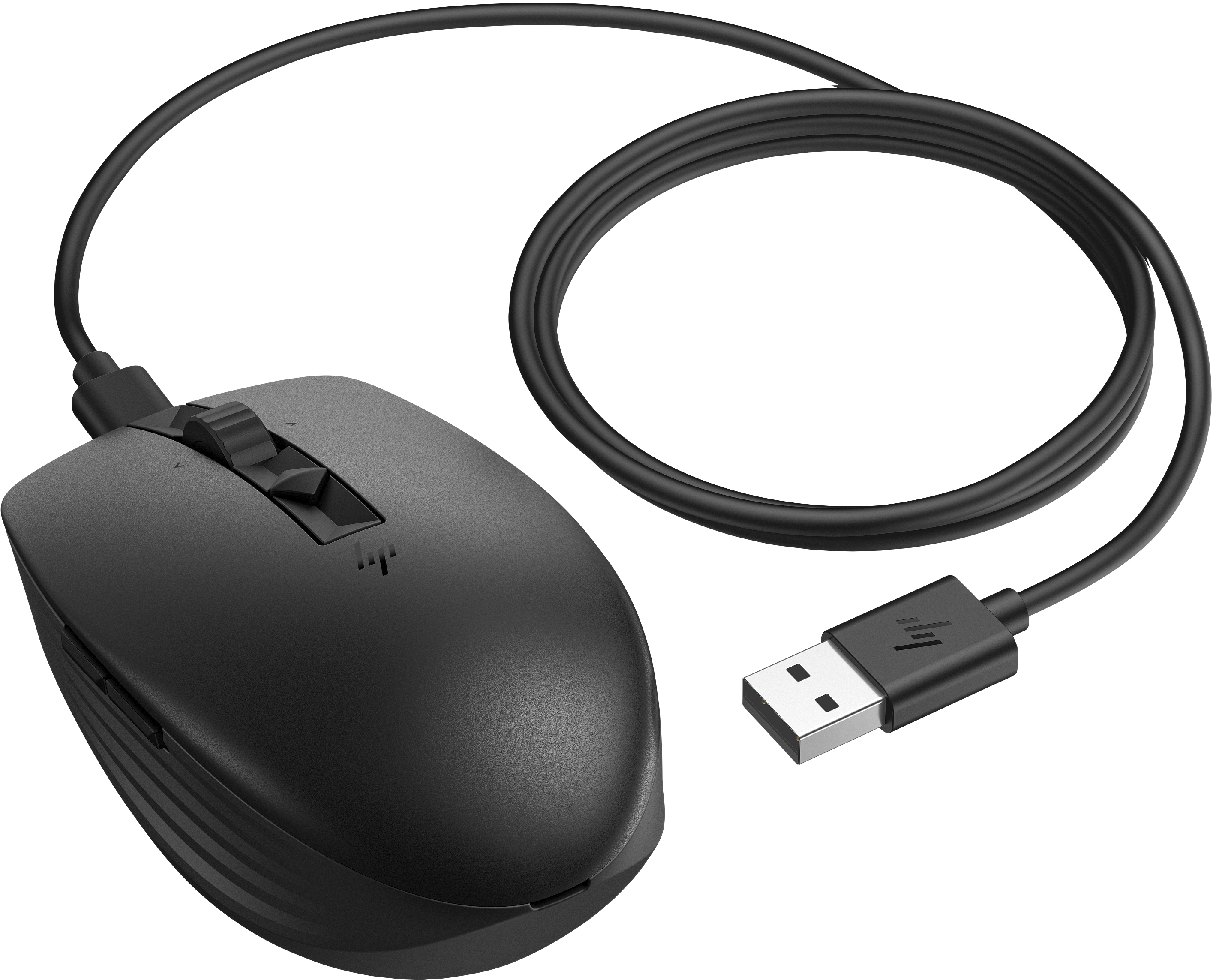 Eine schwarze Computermaus mit einem langen schwarzen USB-Kabel.