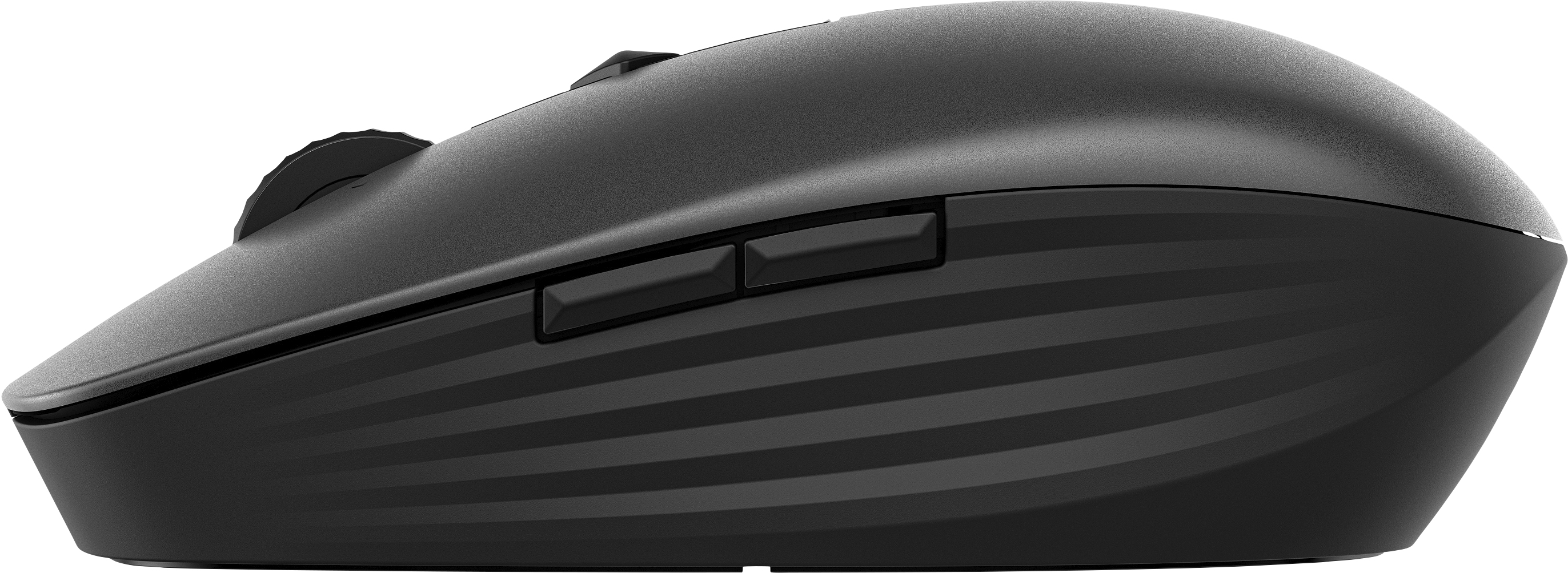 Schwarze kabellose Maus. Verfügt über Seitentasten und ein Scrollrad. Ergonomisches Design.