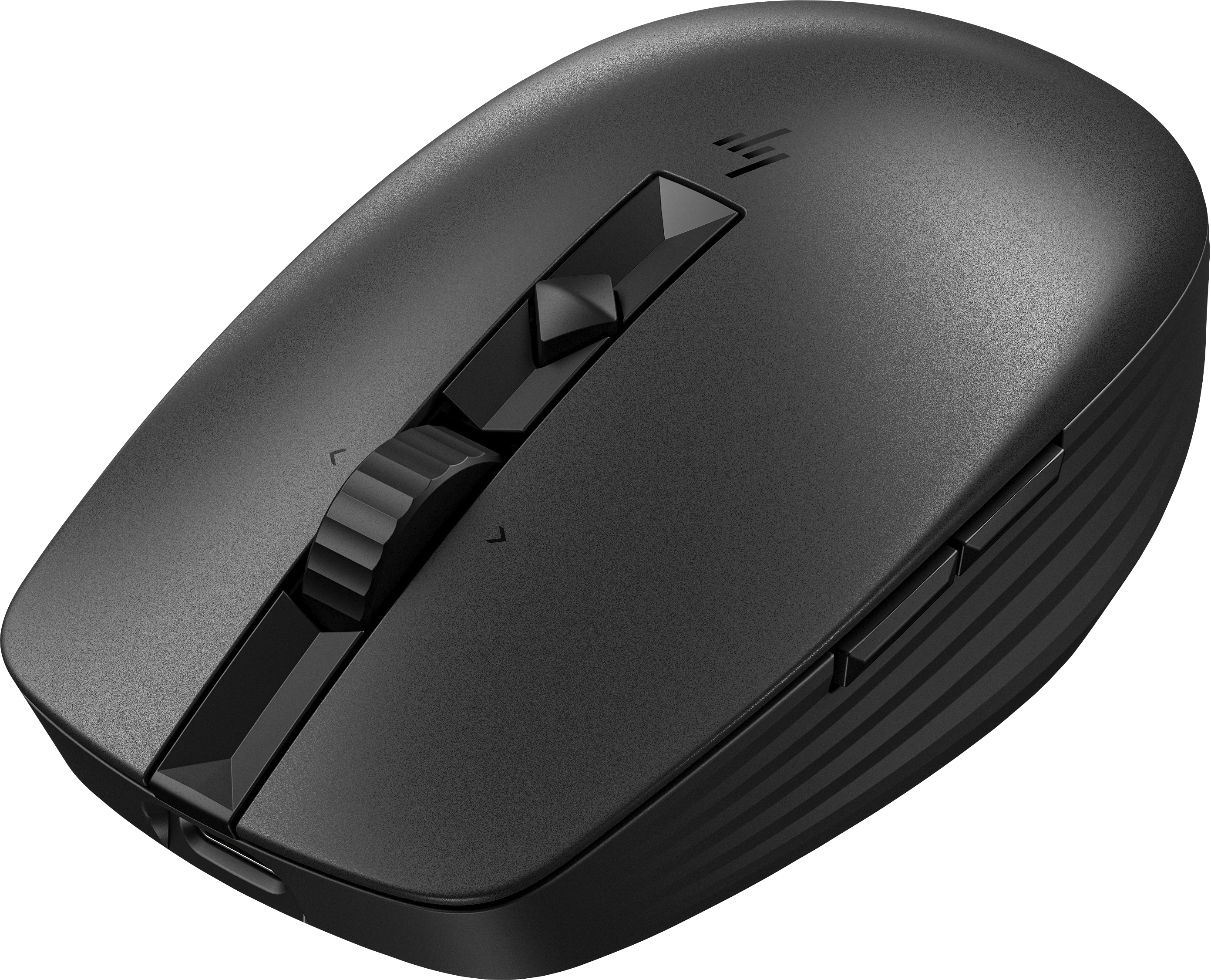 Schwarze kabellose Maus mit Scrollrad und Tasten, auf weißem Hintergrund.