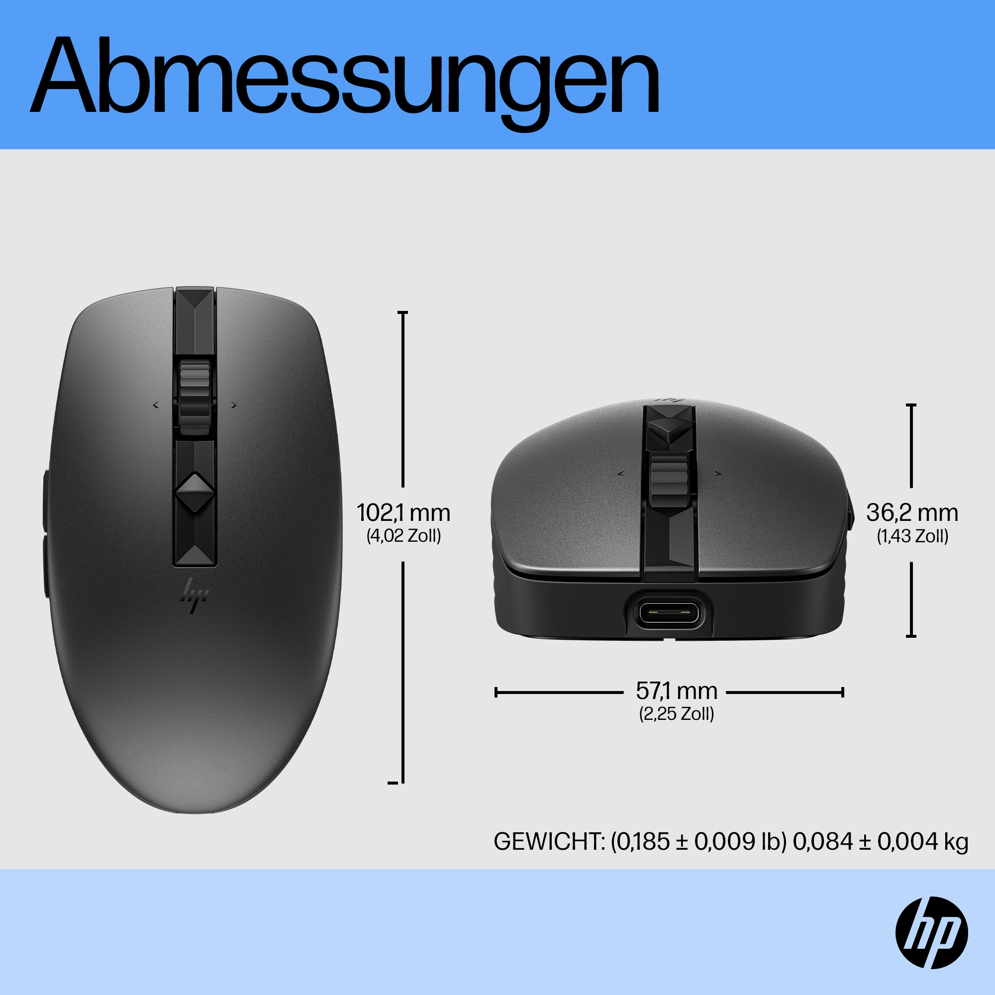 Schwarze Computermaus mit Abmessungen, HP-Logo auf hellem Hintergrund.