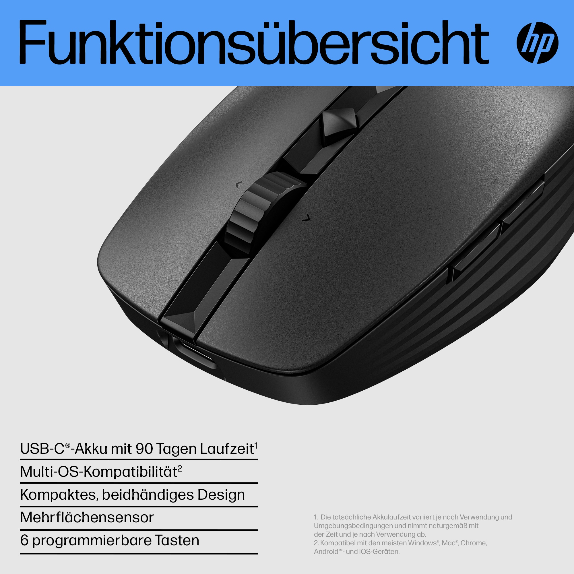 Schwarze Computermaus mit Scrollrad und Tasten, vor einem weißen Hintergrund.