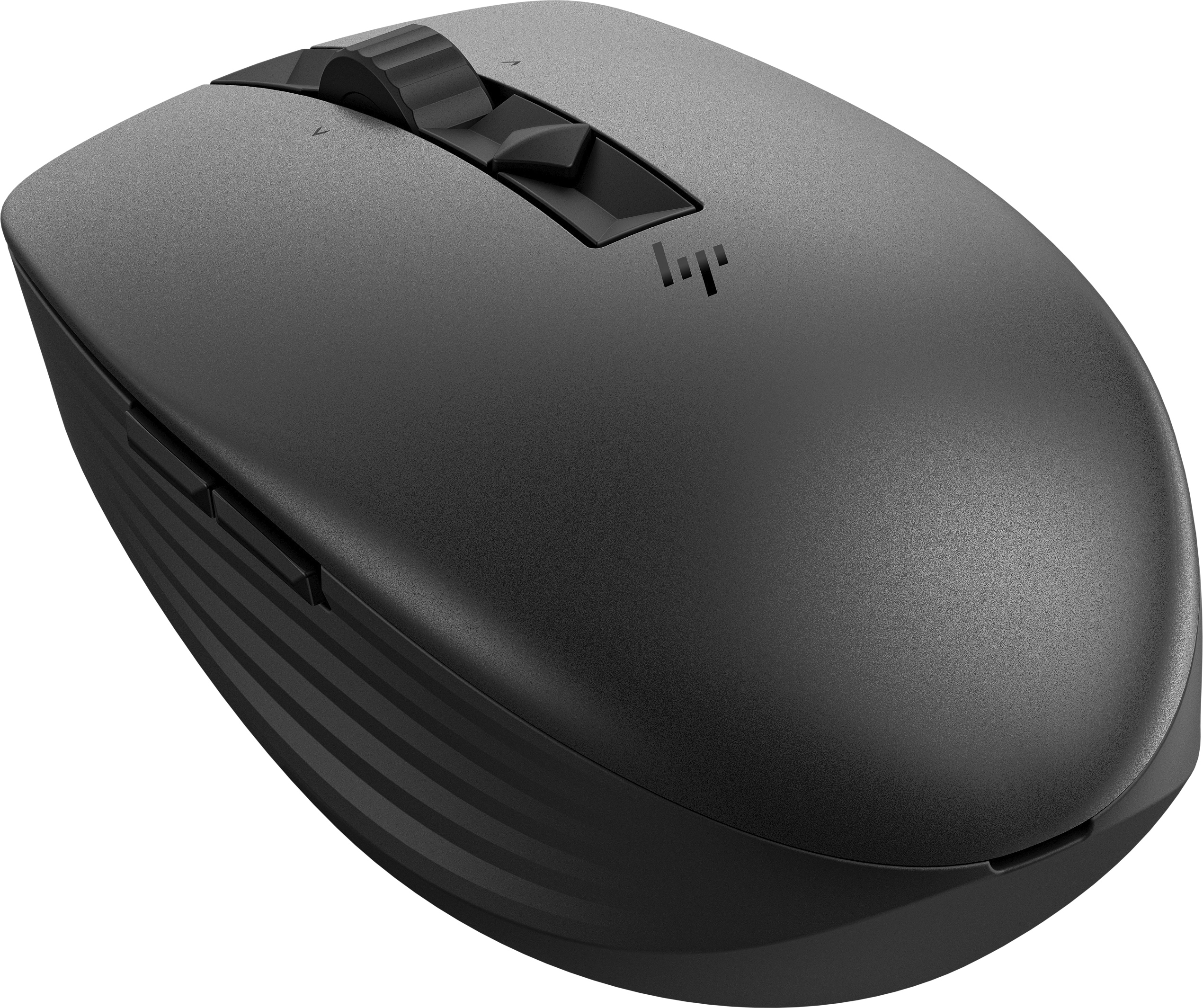 Eine graue HP-Maus mit einem Scrollrad und Tasten.
