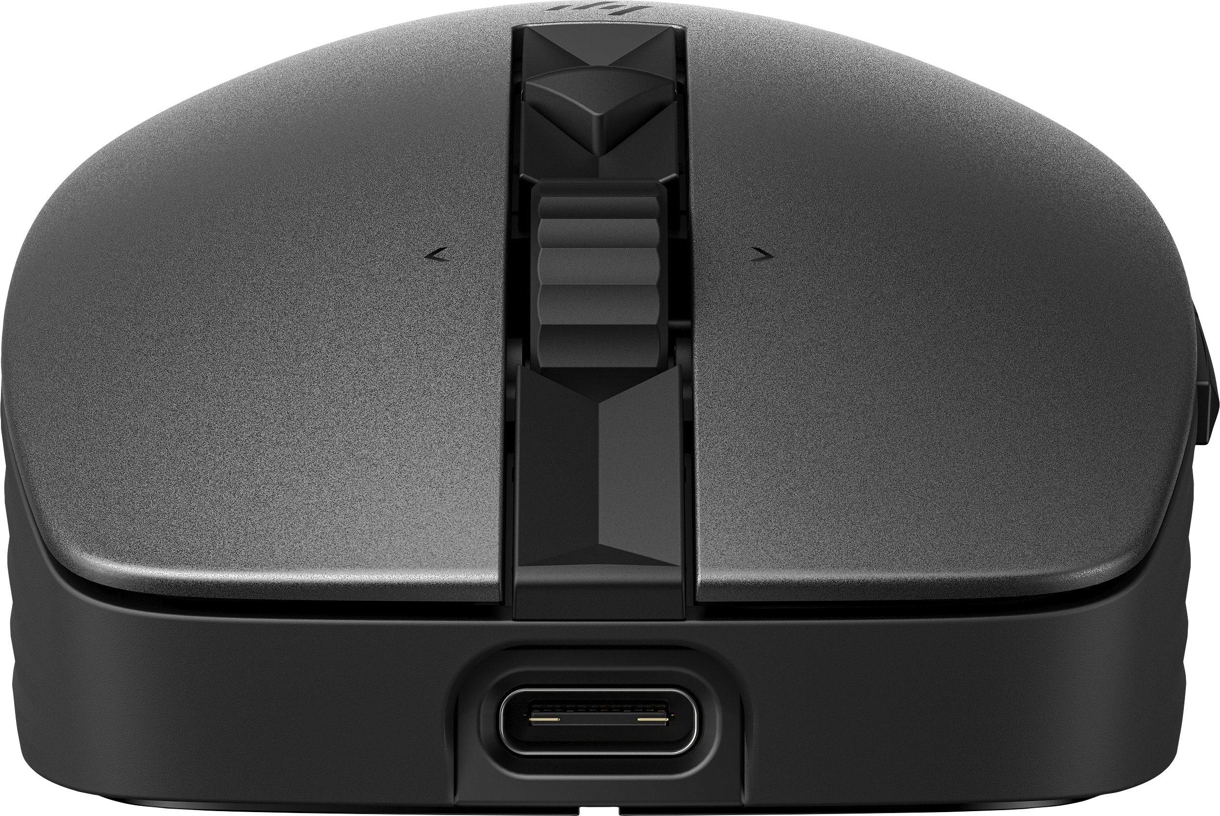 Eine schwarze Computermaus mit Scrollrad und USB-C-Anschluss unten.