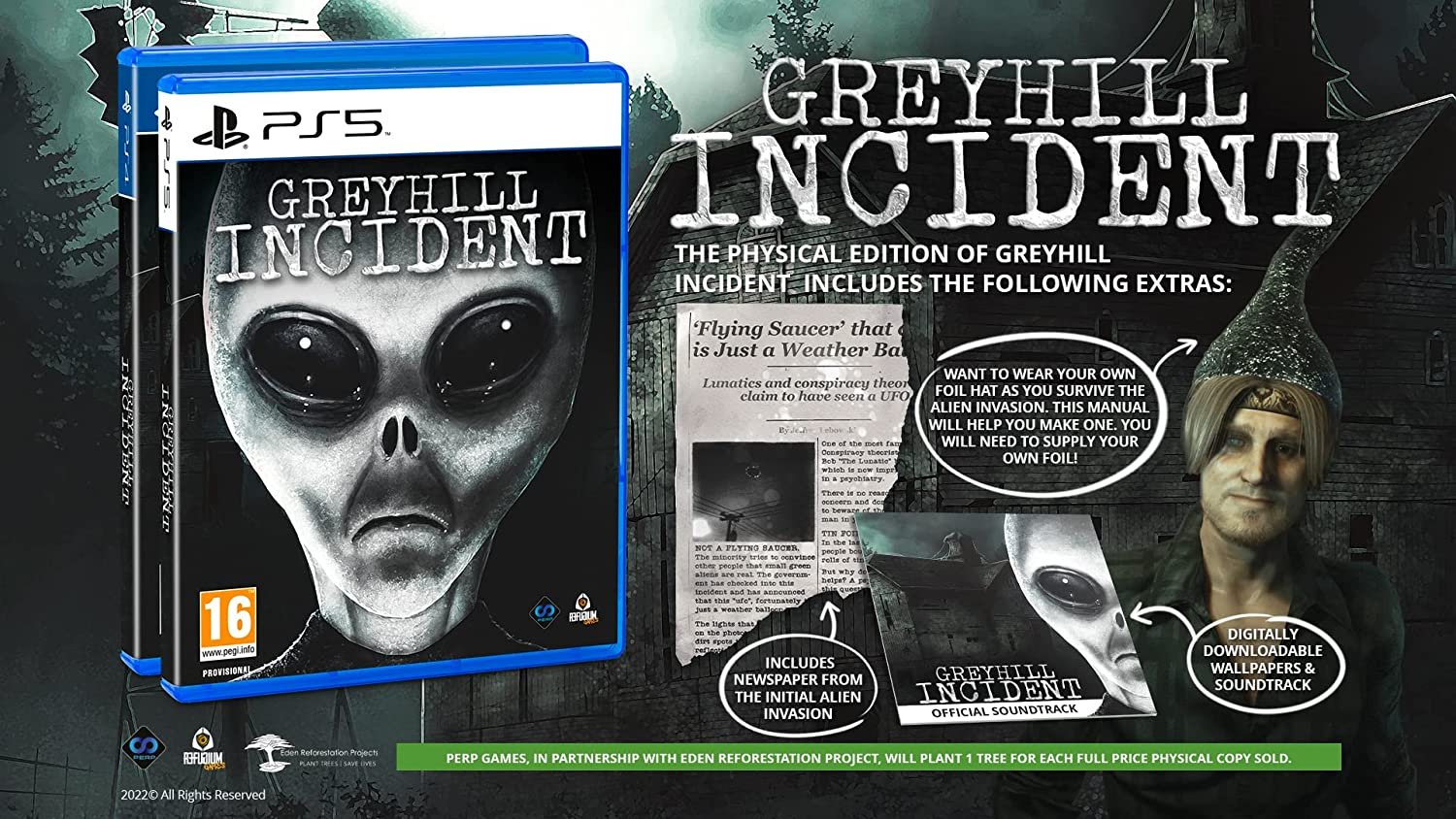 Una caja de juego con cara de alienígena y texto: Greyhill Incident, con extras.