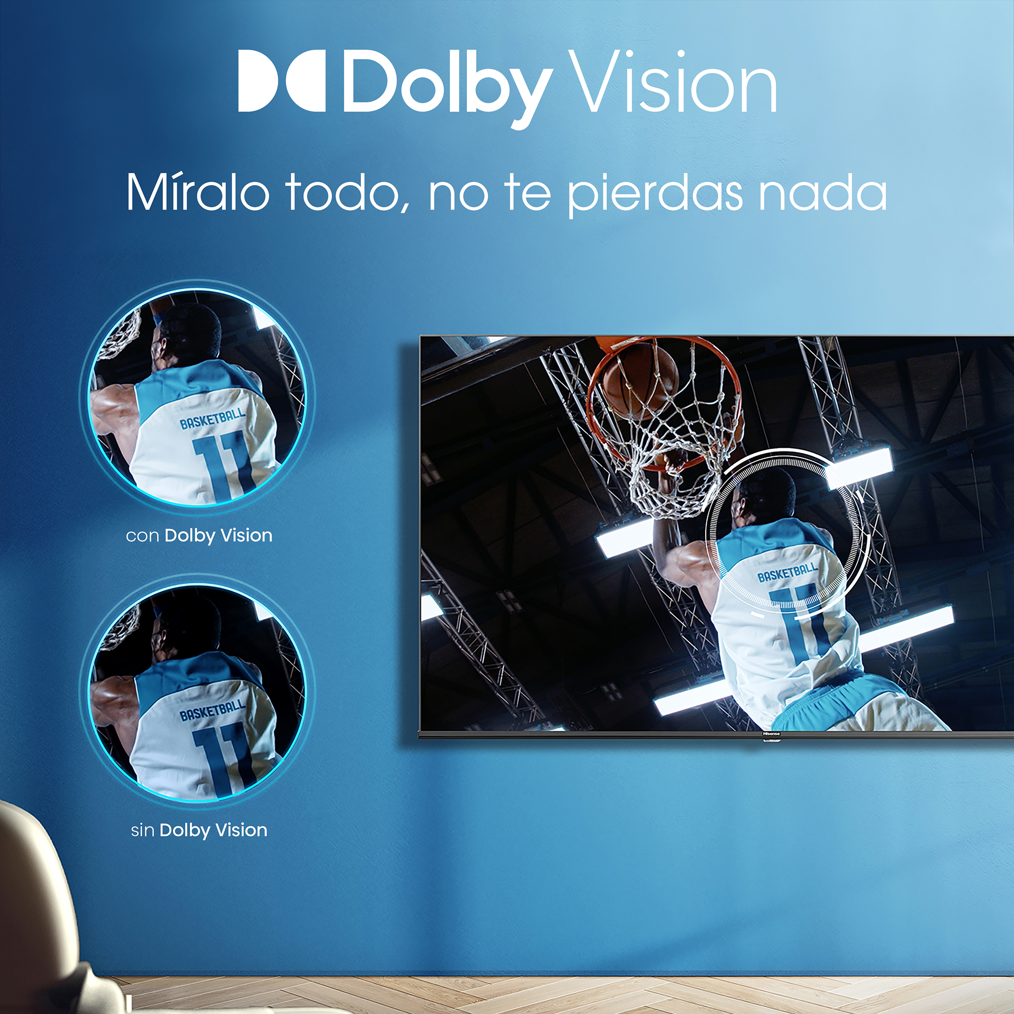 Escena de partido de baloncesto con y sin Dolby Vision, comparación lado a lado en la pantalla del televisor.