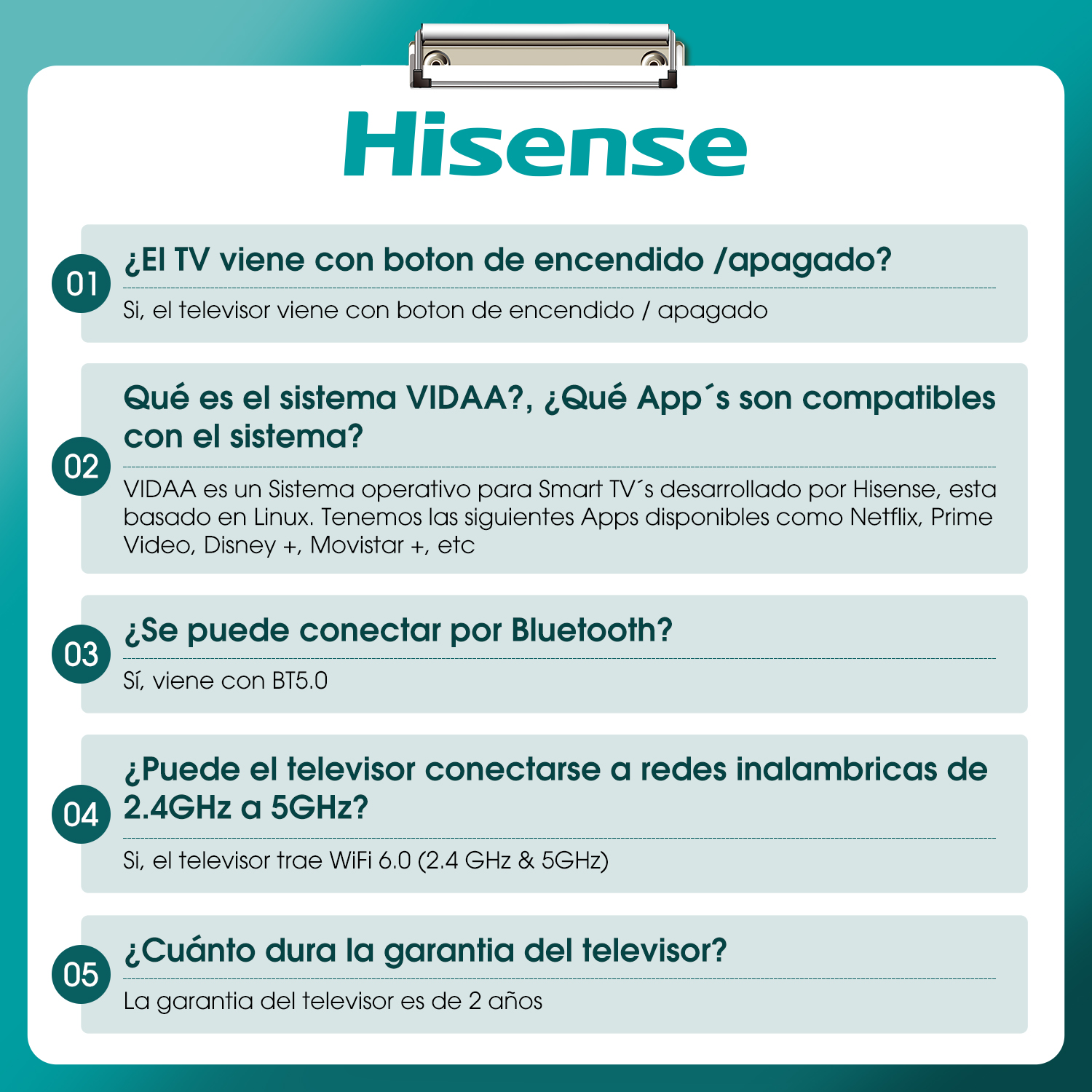 Información del producto Hisense. Tiene 5 preguntas y respuestas sobre las funciones del televisor y la garantía.