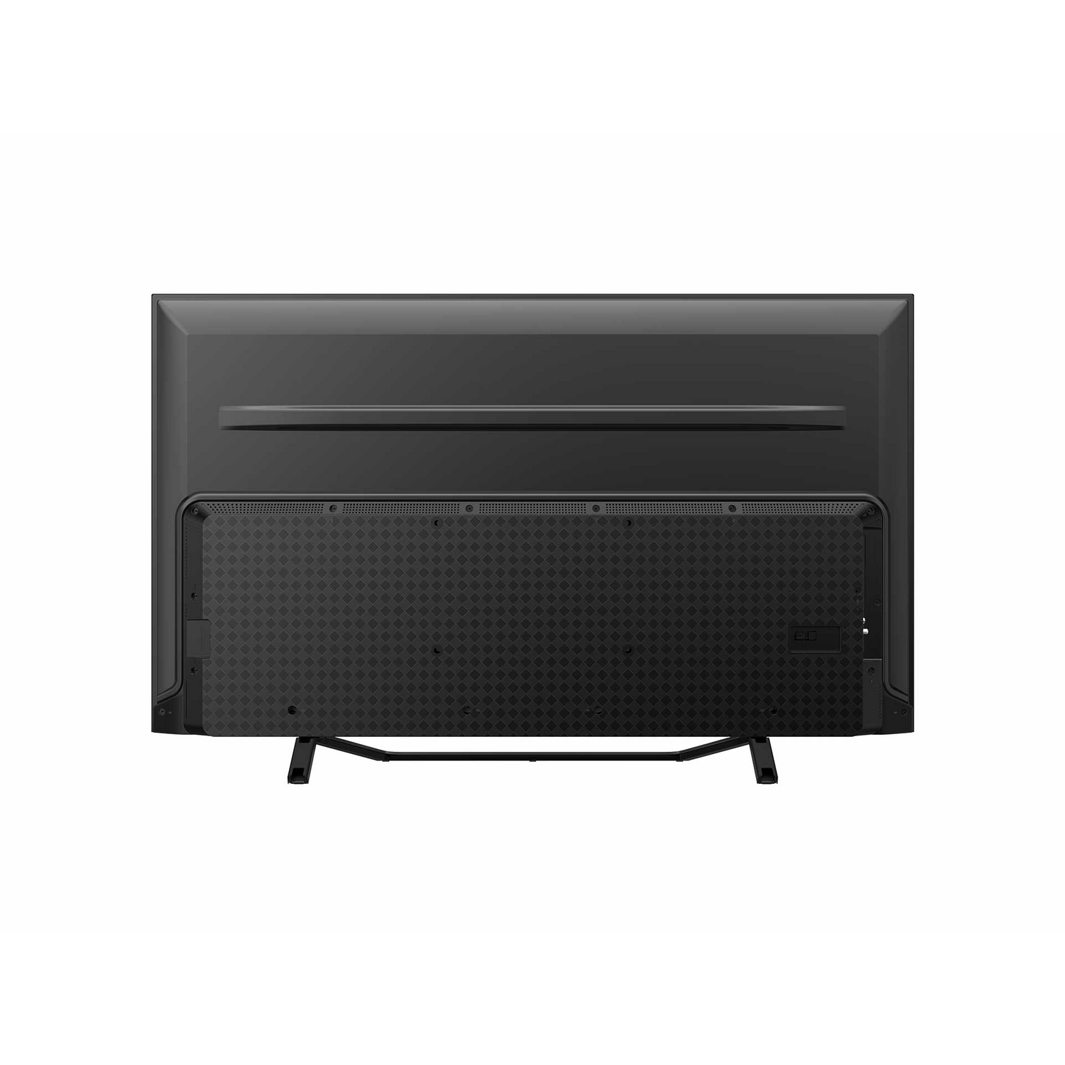 Televisor negro sobre soporte. Parte trasera con panel texturizado.