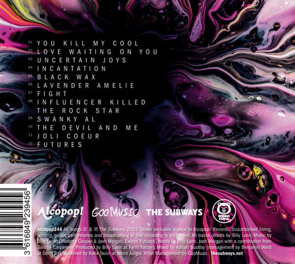 Die Rückseite eines Albums mit Trackliste und farbenfrohem, wirbelndem Artwork.