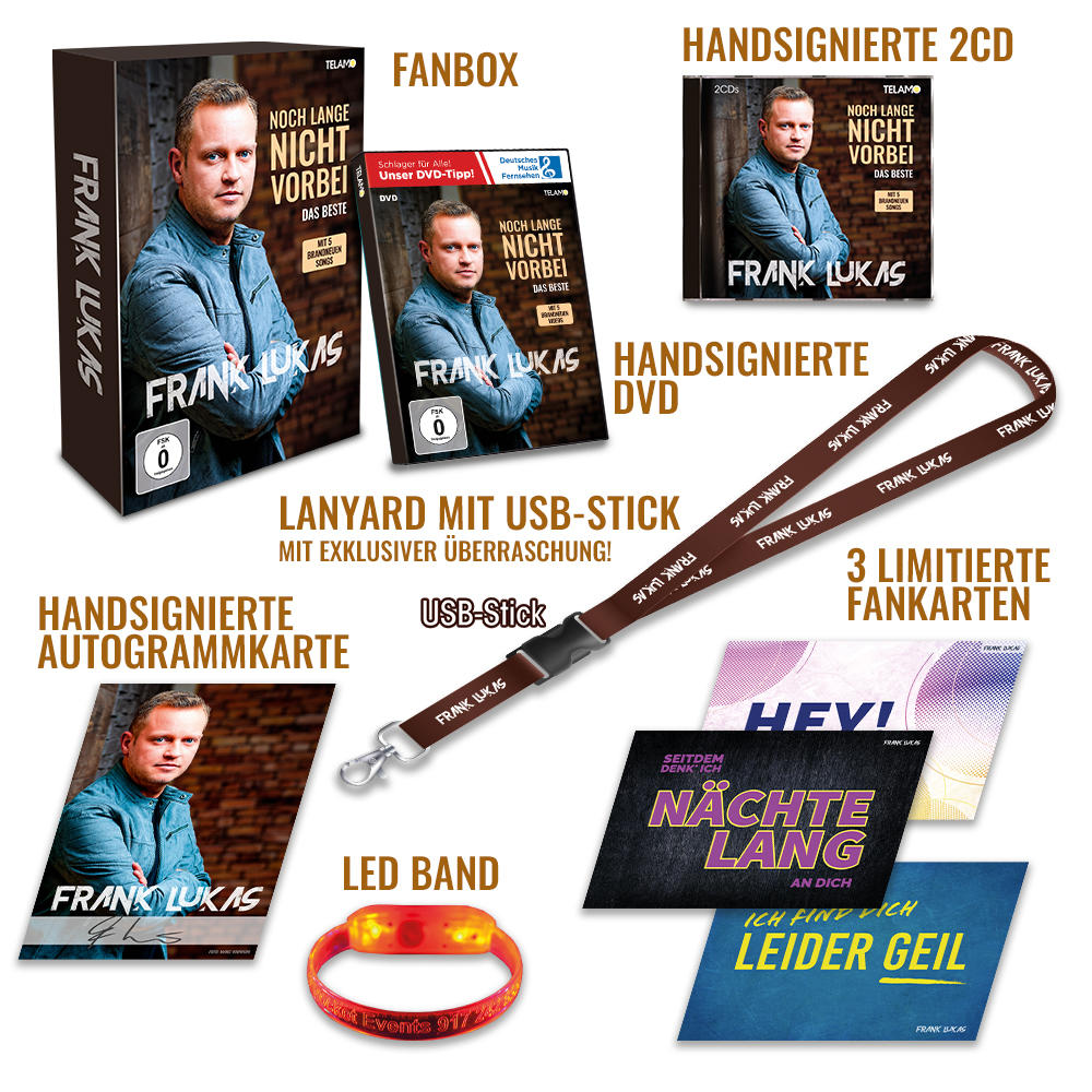 Merchandise-Sammlung: CD, DVD, Autogrammkarte, Schlüsselband, USB-Stick, Fankarten und LED-Band.