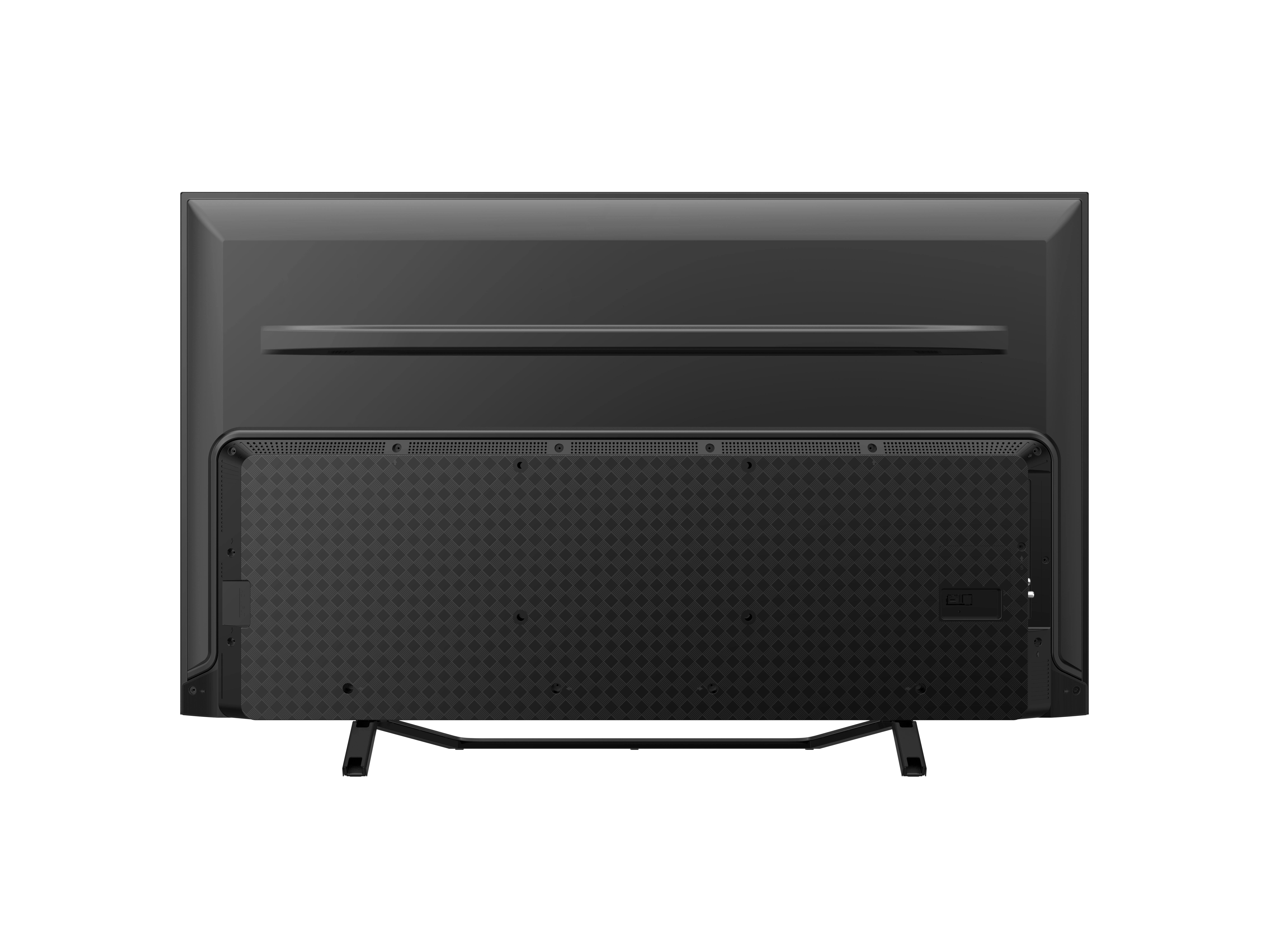 La parte trasera de un televisor negro con un patrón en la mitad inferior y dos patas.