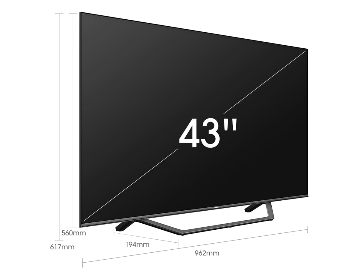 Un televisor que muestra 43" con dimensiones etiquetadas.