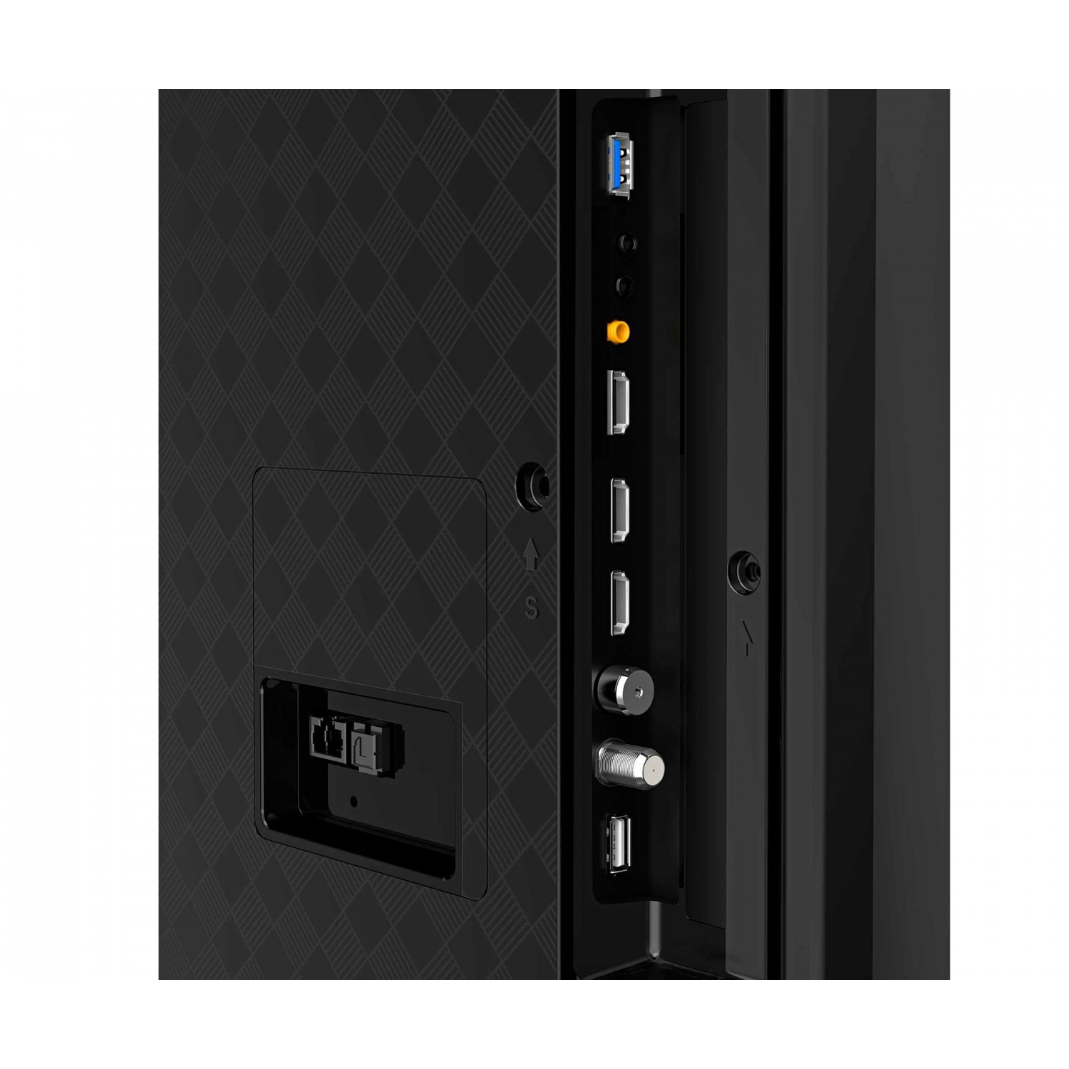 Parte trasera de un televisor que muestra puertos: USB, HDMI y otros.