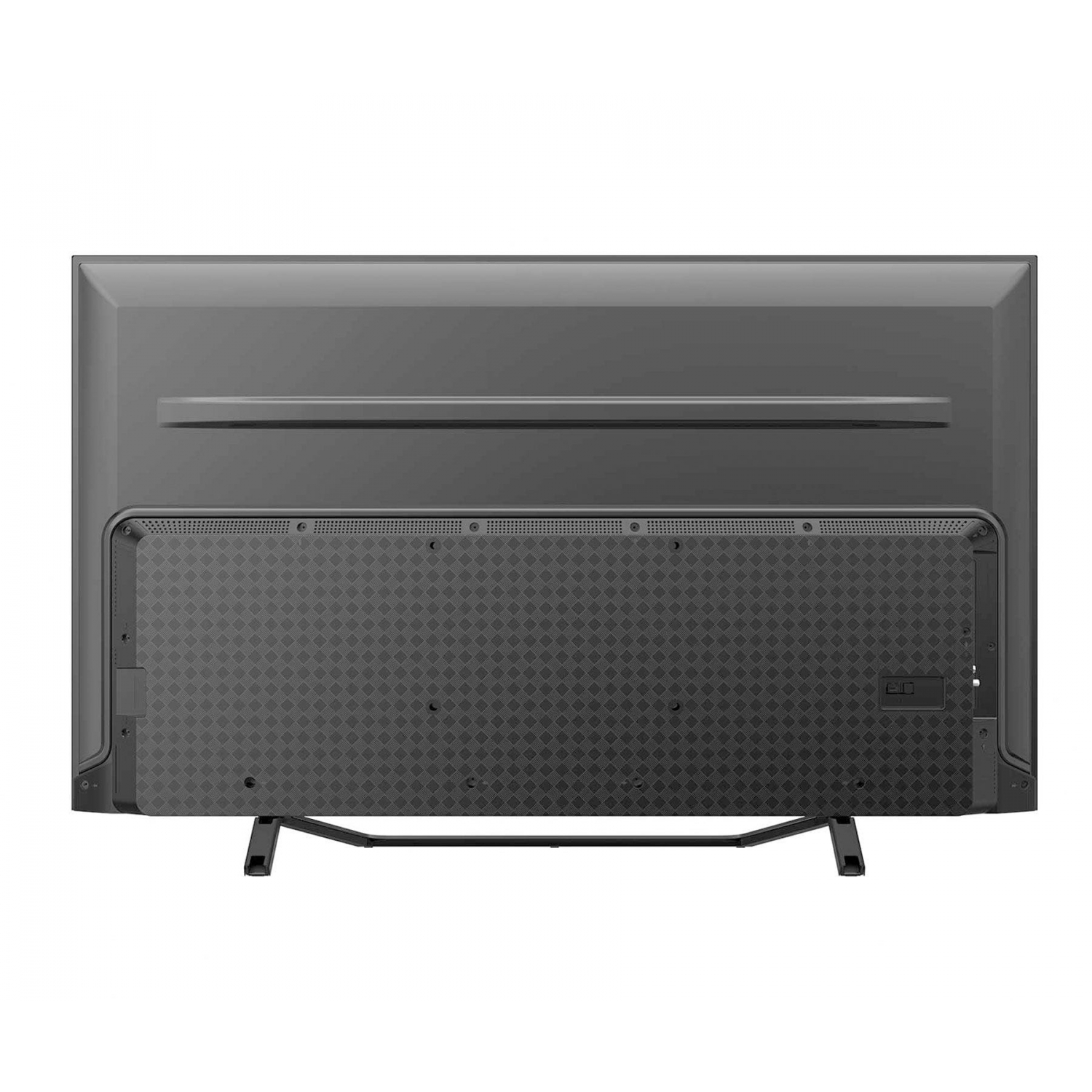 Parte trasera de un televisor Hisense con panel negro texturizado y dos patas.