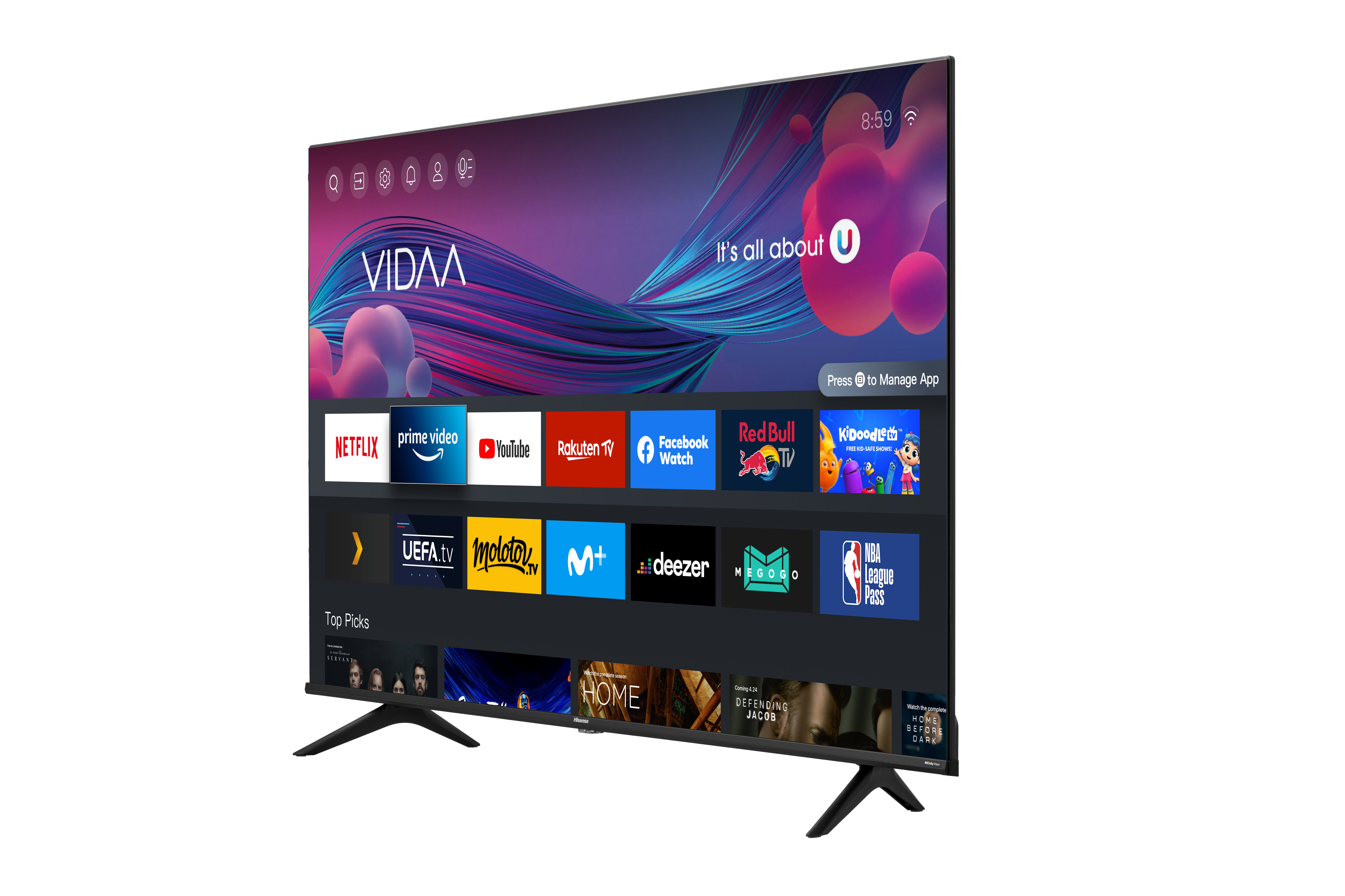 Un televisor que muestra una interfaz de usuario colorida con iconos de aplicaciones.