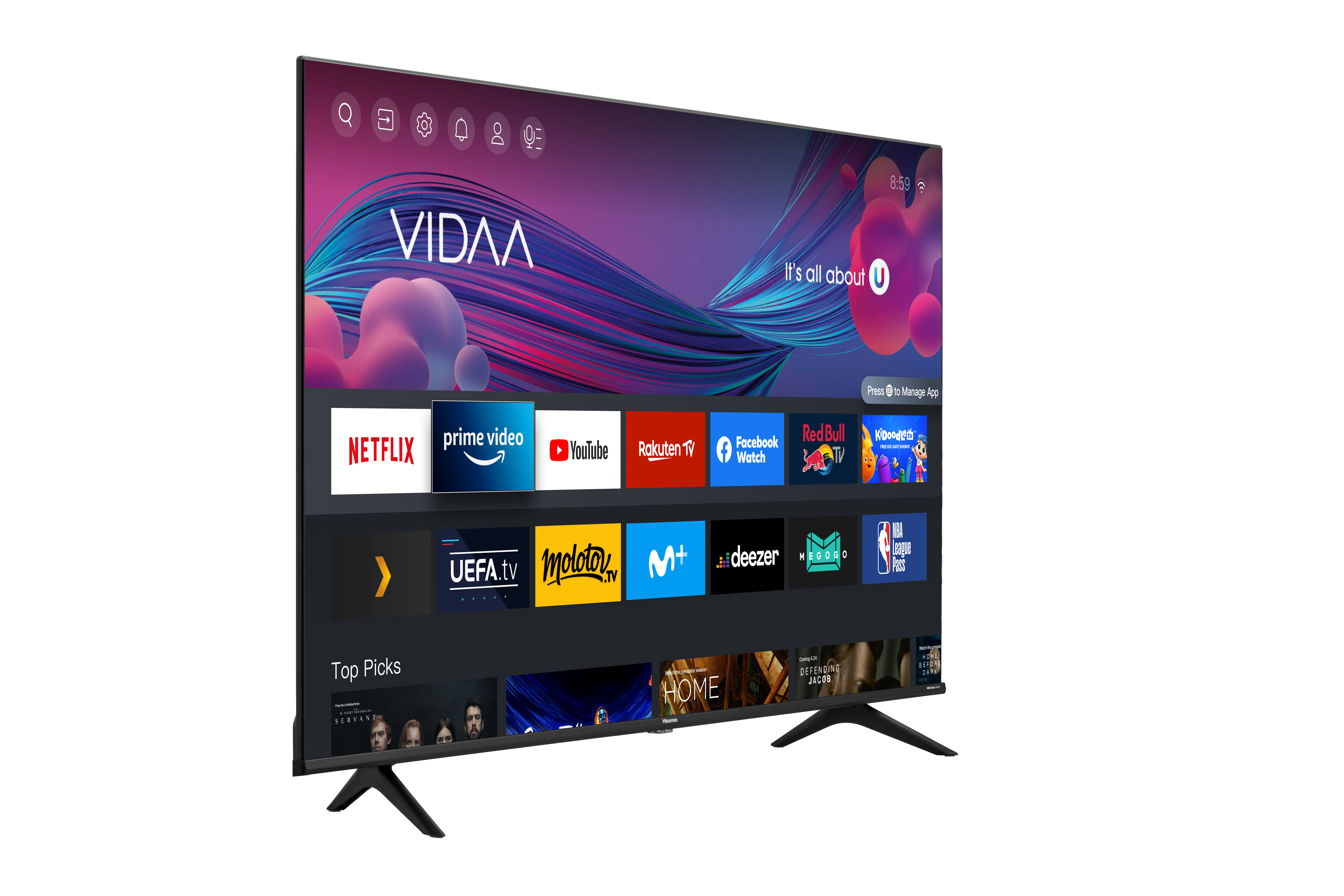 Televisor negro con interfaz VIDAA en la pantalla. Se muestran Top Picks e iconos de aplicaciones de streaming.