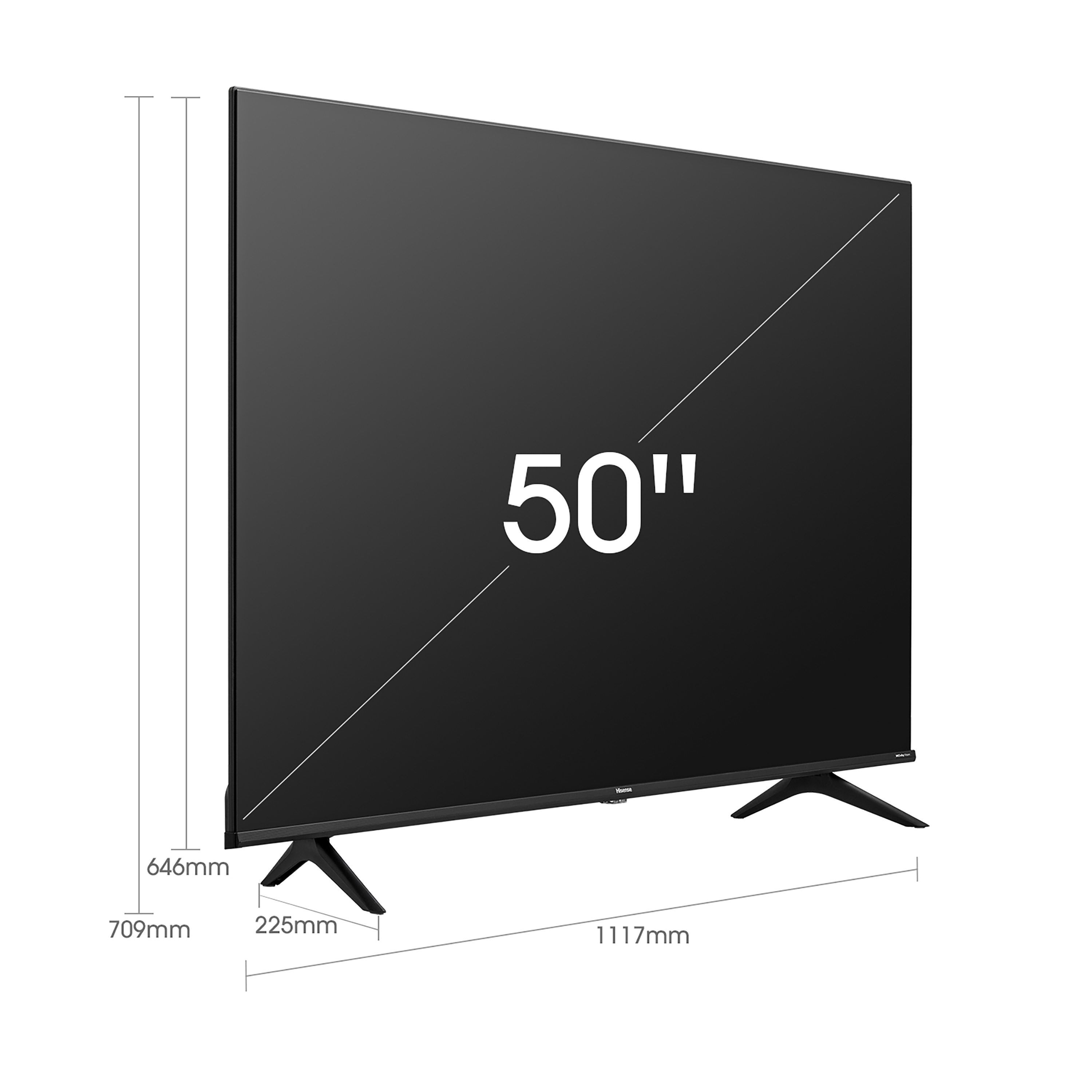 Una pantalla de TV negra que muestra el tamaño como 50". El televisor tiene patas negras y un marco negro.