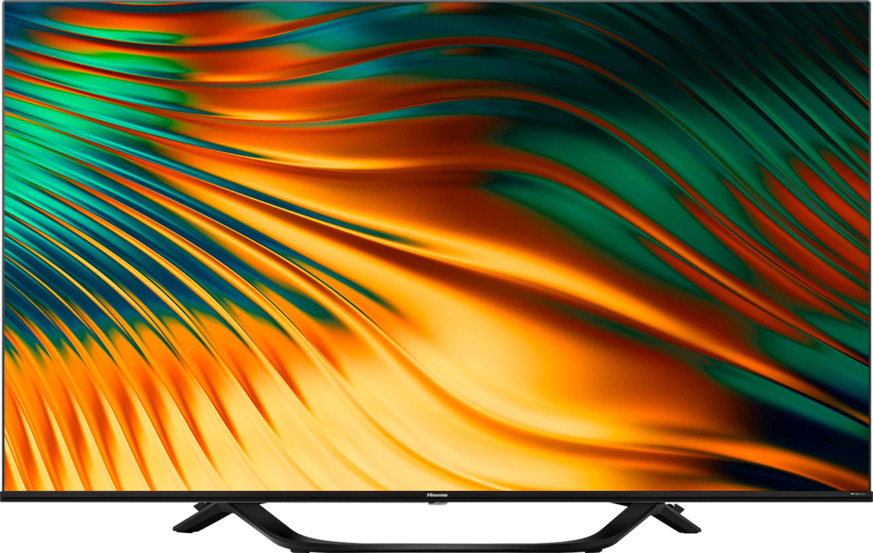 Un televisor moderno con soporte curvo, mostrando un patrón abstracto y colorido.