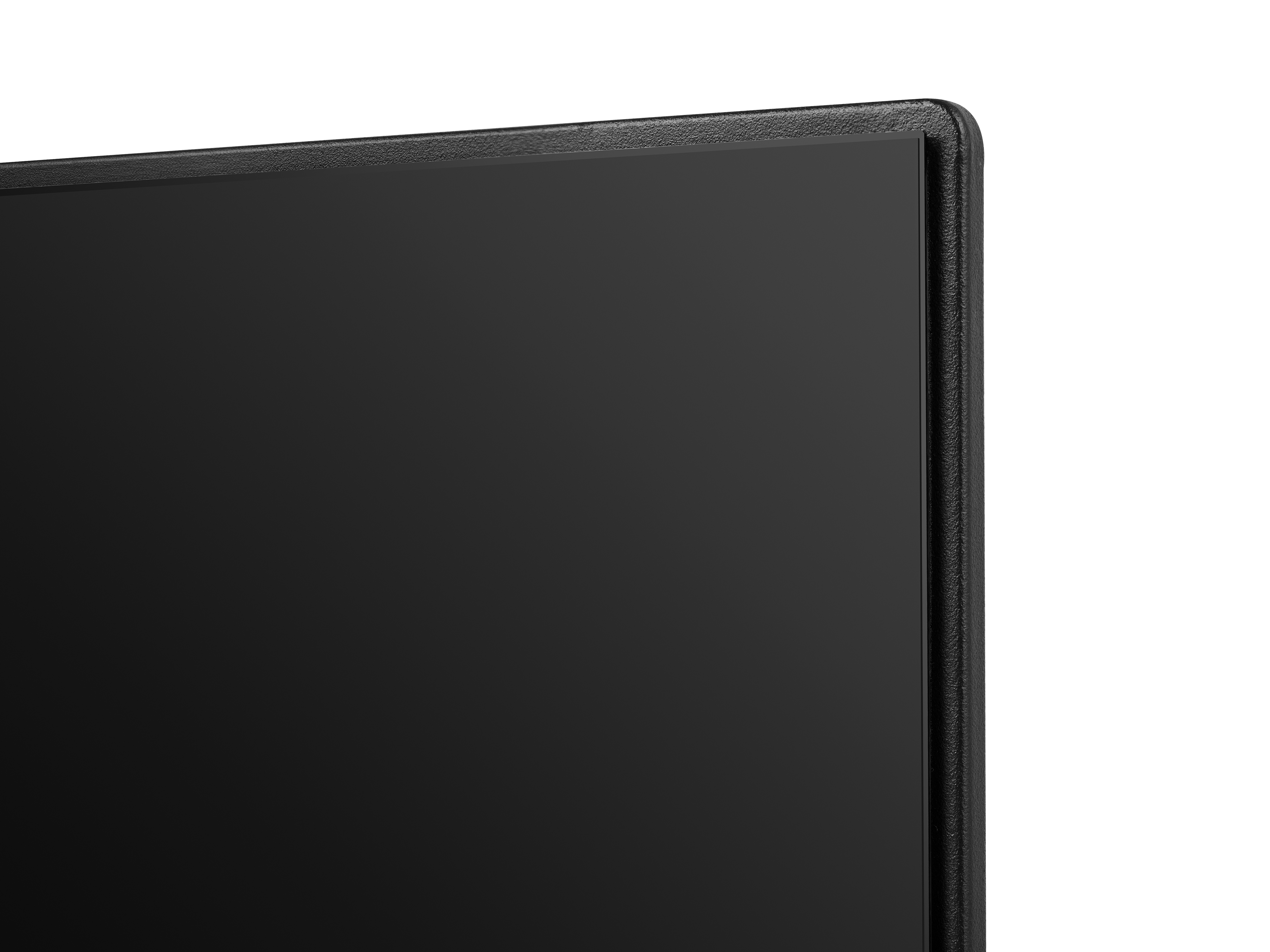 Pantalla negra con marco negro y fondo blanco. Se muestra la esquina.