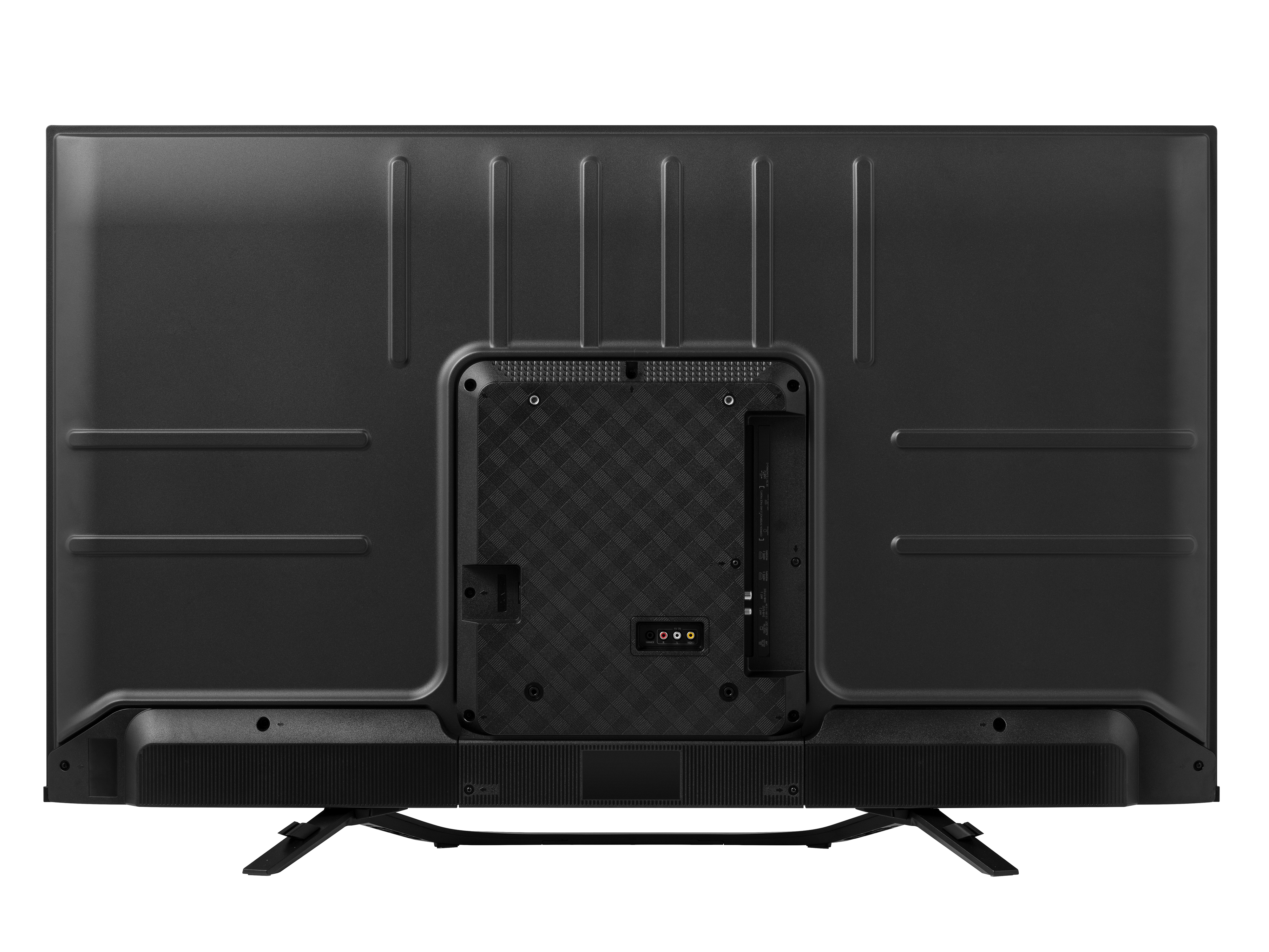 Parte trasera de un televisor negro con puertos y soporte, sobre un fondo blanco.