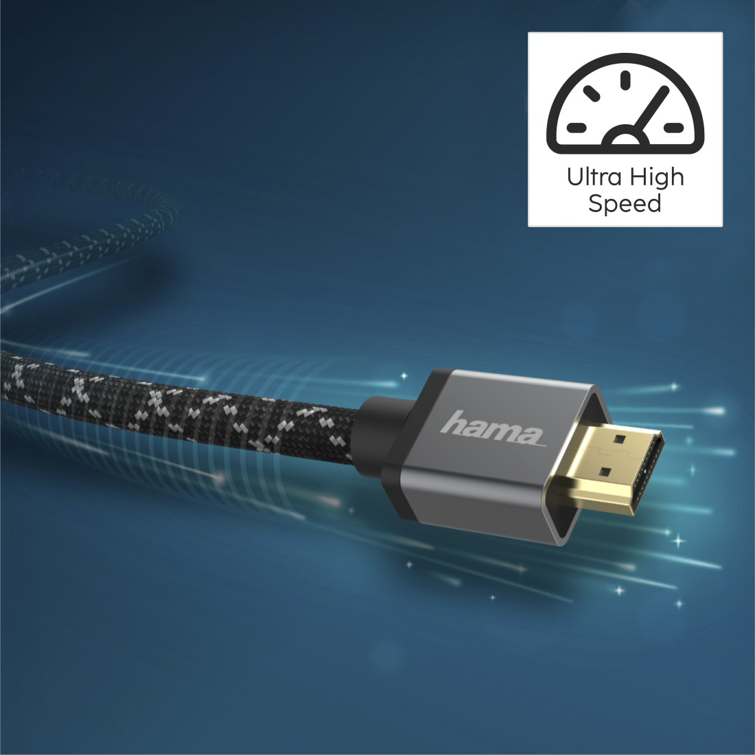 Cable HDMI con conector plateado y cable negro y gris.