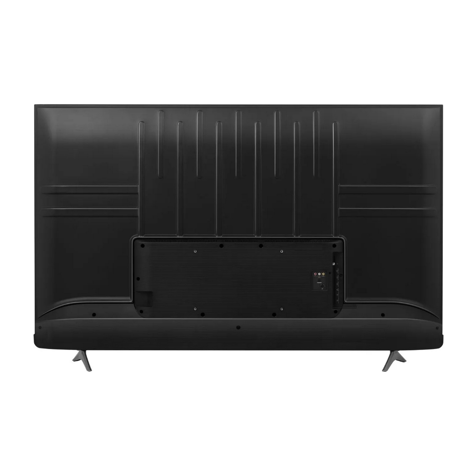 Vista trasera de un televisor negro con soporte y múltiples puertos de entrada.