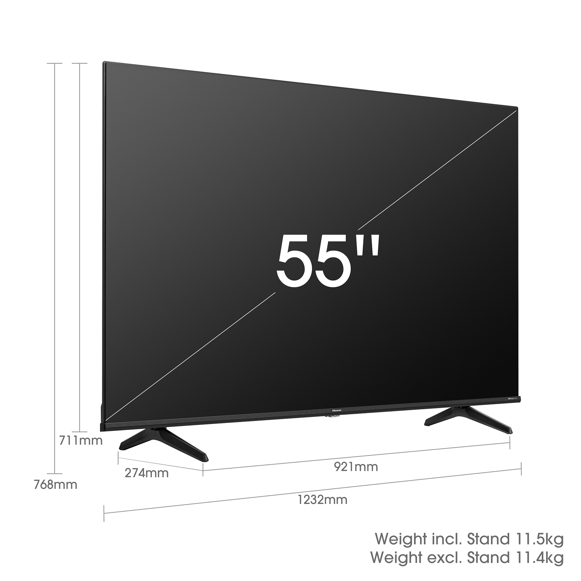 Un televisor de 55 pulgadas con pantalla negra y soporte. Se muestran las medidas.