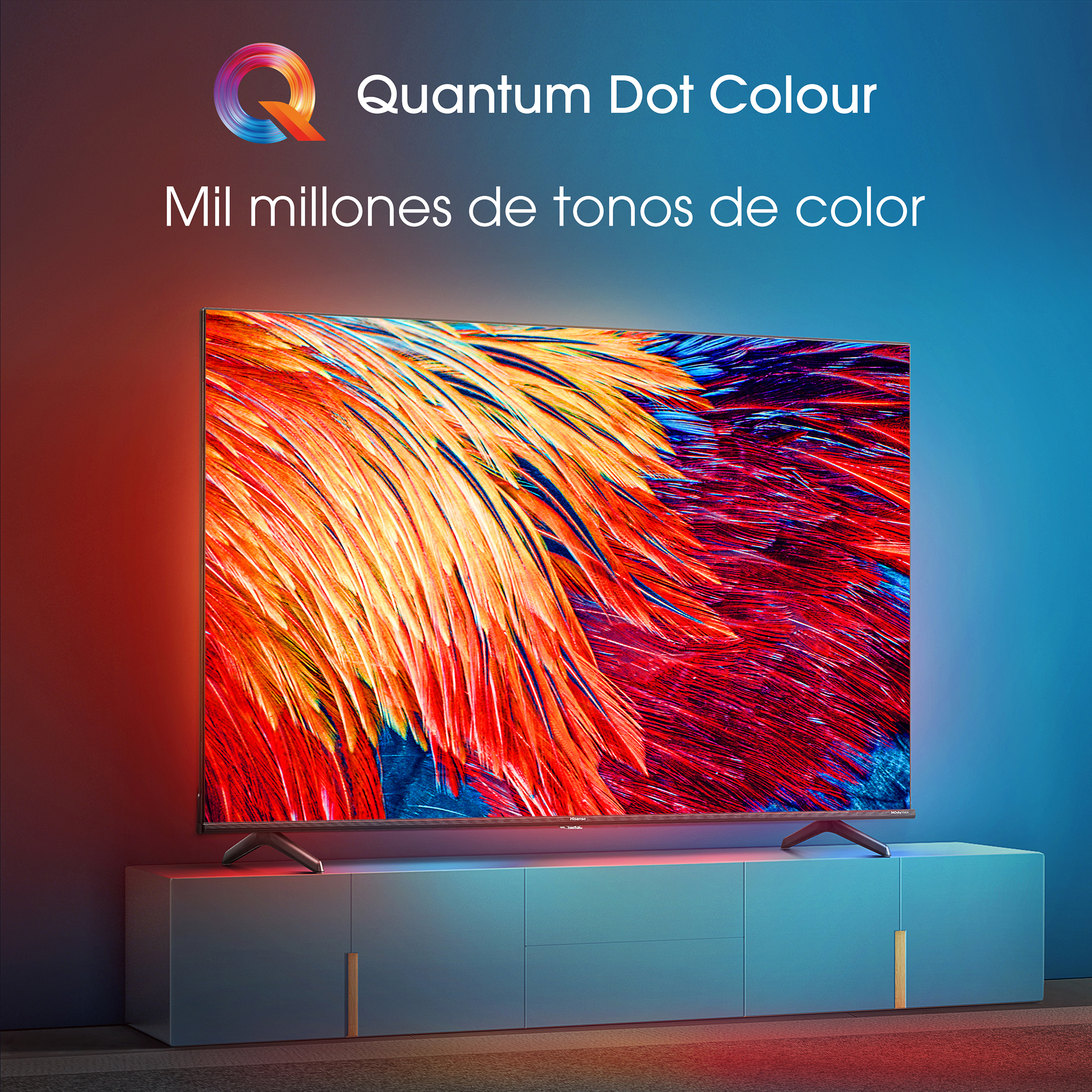 Pantalla de TV grande mostrando una pantalla colorida en un mueble azul. Fondo azul y rojo.