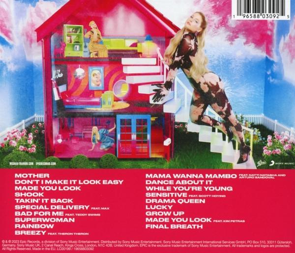 Ein rot-rosa hausförmiges Albumcover mit Text und einer Person.