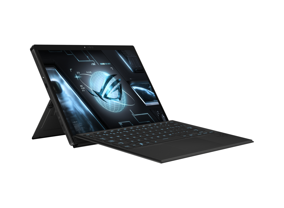 Portátil negro abierto con pantalla mostrando gráficos, teclado adjunto.