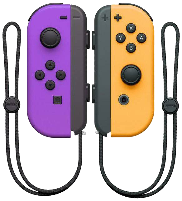 Mandos Joy-Con morados y naranjas de Nintendo Switch con correas negras.