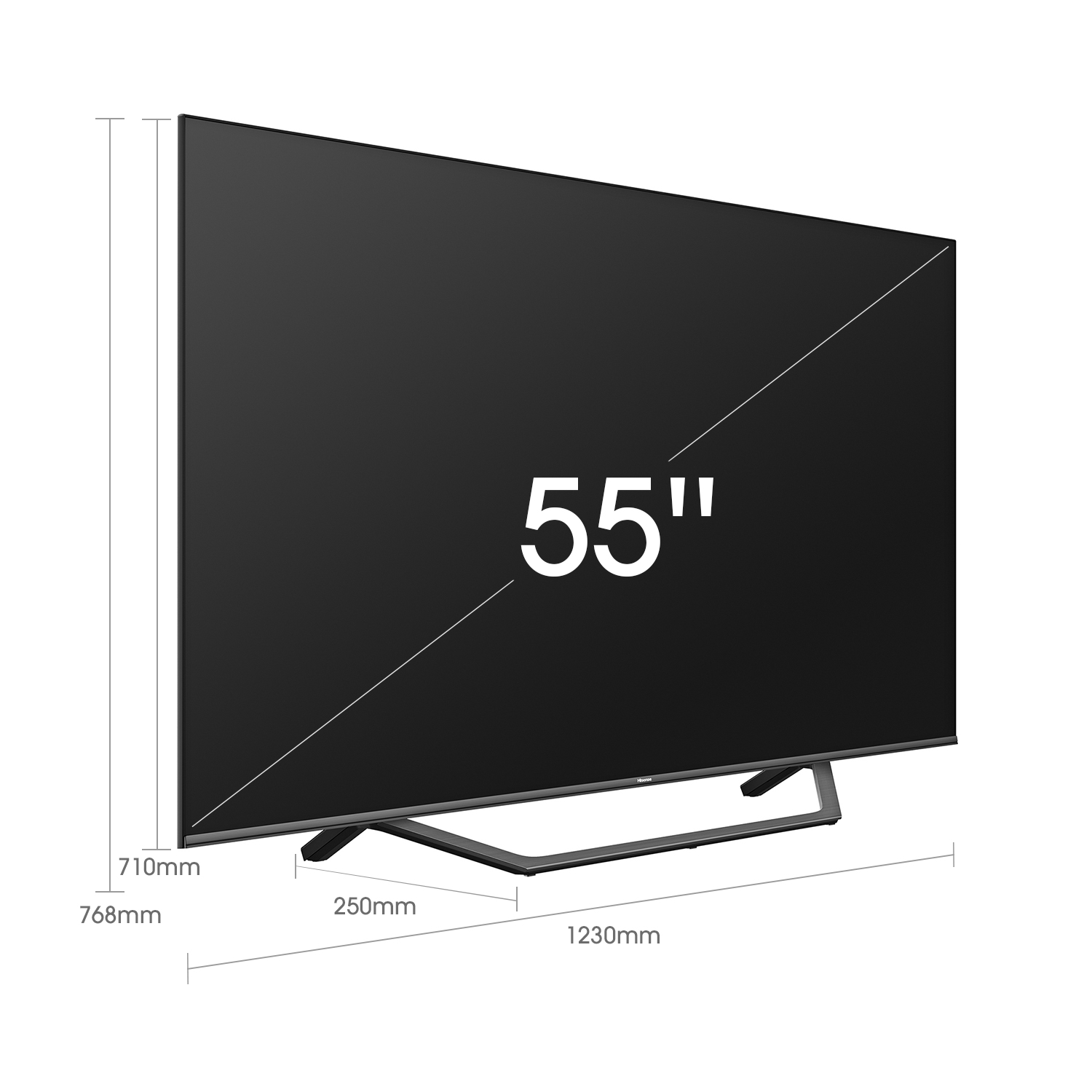 Una pantalla de TV de 55 pulgadas con dimensiones marcadas y un soporte negro.
