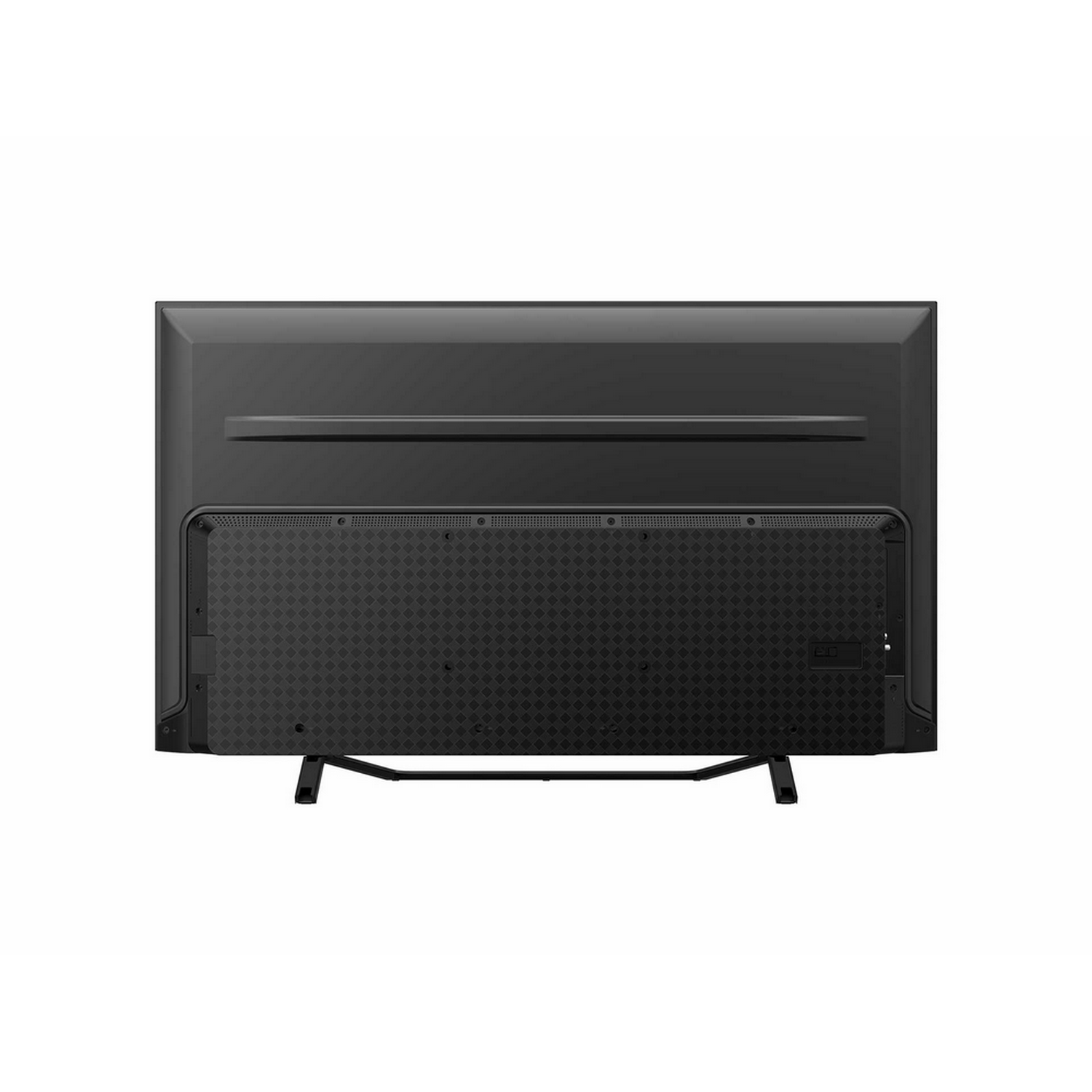 Parte trasera de un televisor negro, sección inferior con diseño y dos pies de apoyo.